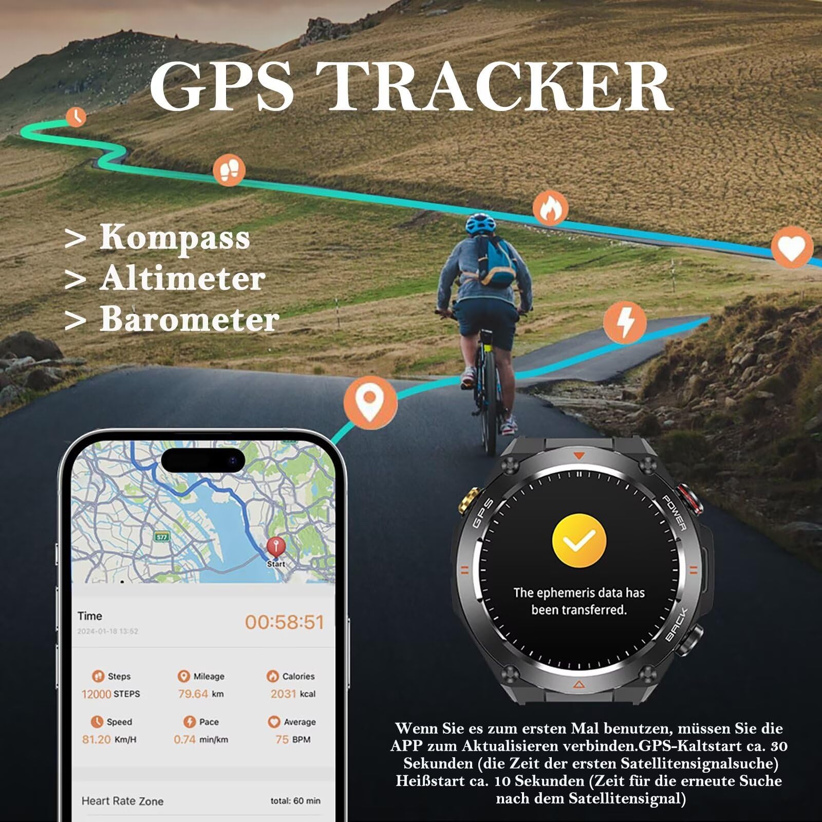 GPS Smartwatch Herren Barometer Militär Uhr Kompass Höhenmesser Outdoor Sportuhr Fitnessuhr Telefonfunktion Gesundheitsuhr Blutdruck Pulsuhr Schrittzähler Laufuhr Aktivitätstracker Military Watch