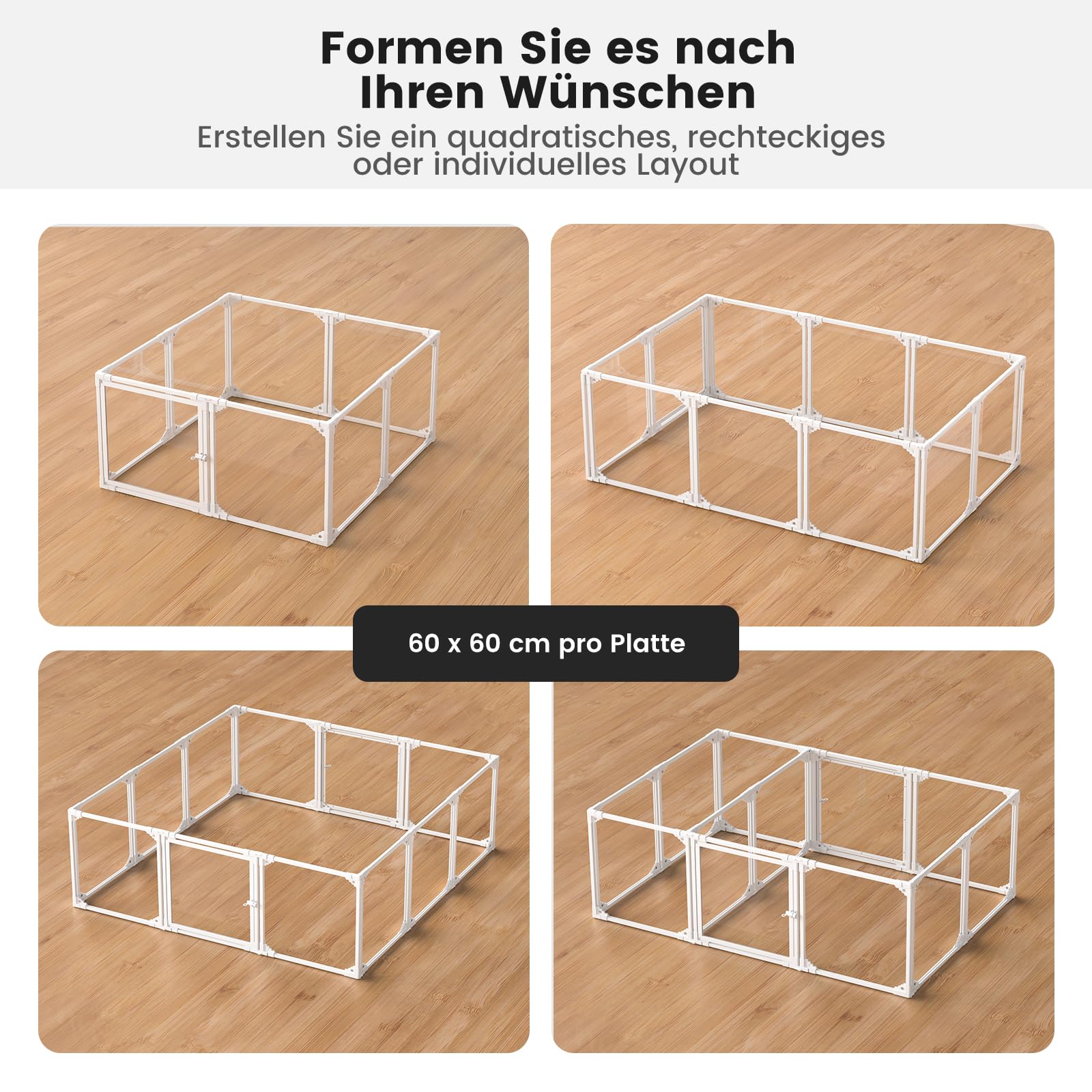 Gardner Pet Przezroczysta płot dla psa, 8 paneli, 60 cm, biała | Metalowa obudowa wewnętrzna z płyty PET, zamknięcie zatrzaskowe i przyssawki, 7 paneli + 1 drzwi dla małych zwierząt