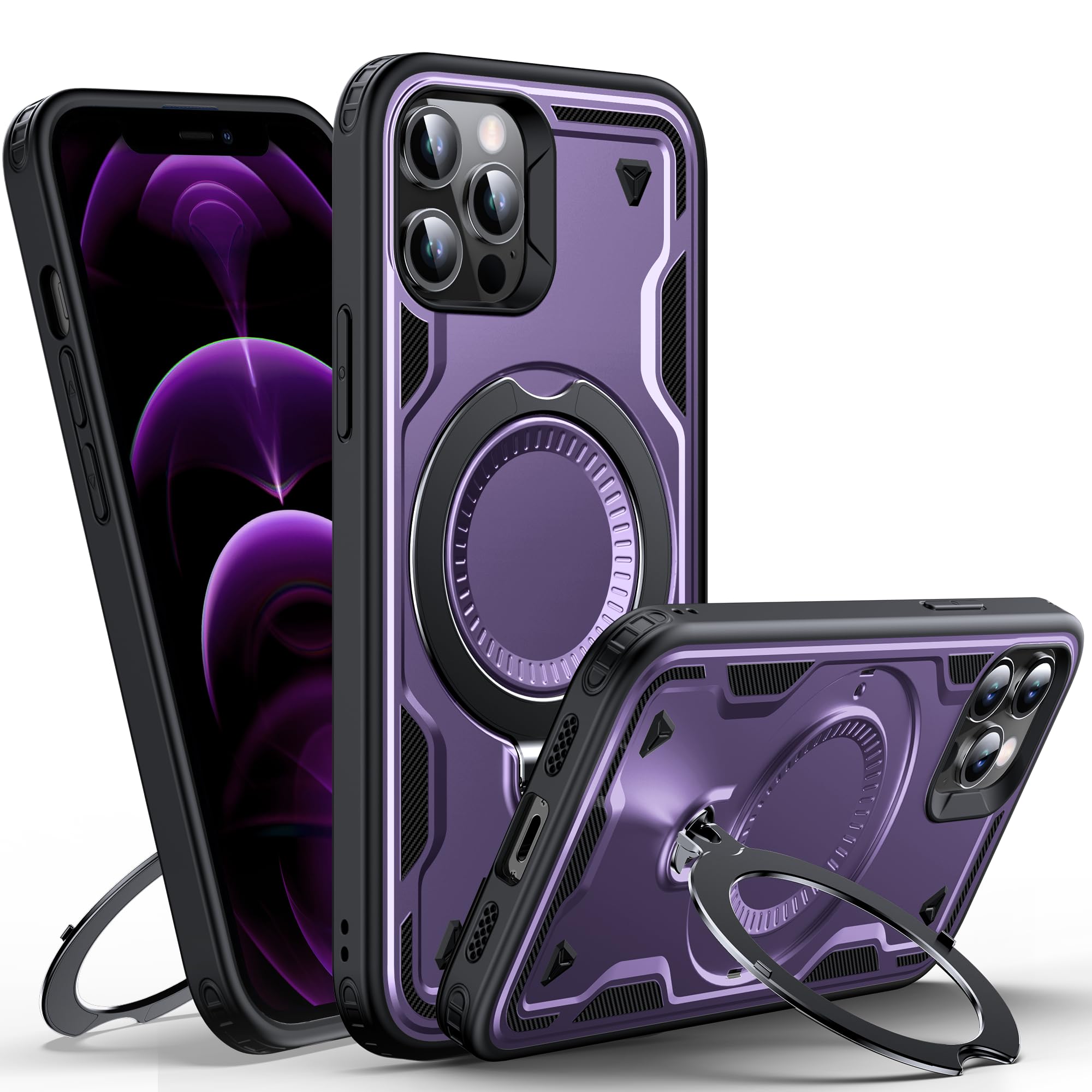 WYUIC für iPhone 12/12 Pro Hülle mit Rotiertem Ring-Ständer, Militärnorm Schutzhülle Stoßfest Kratzfeste 10 Fuß Drop-Test Rückseite Mehrschichtiger Schutz Handyhülle, Lila