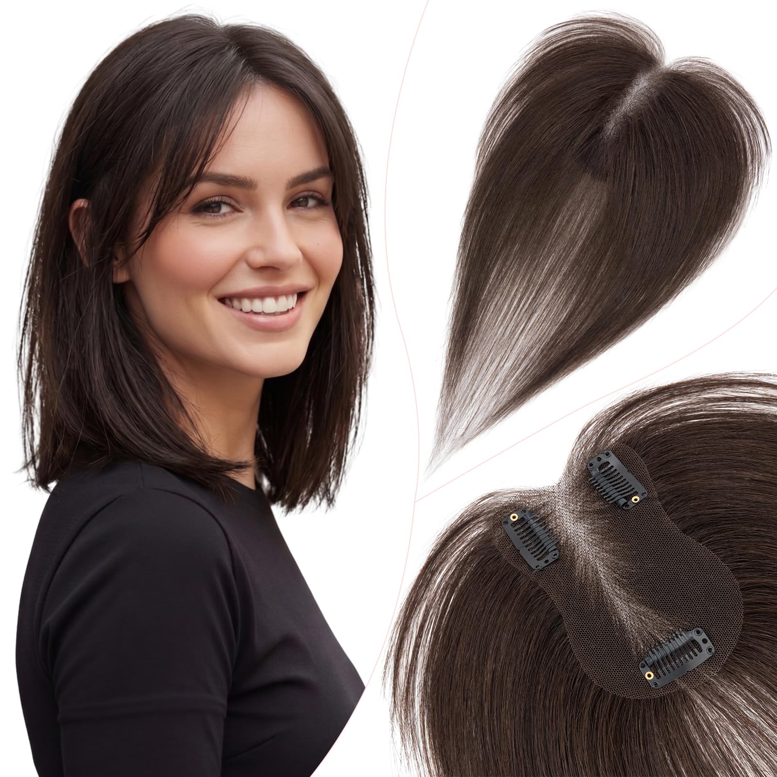 Elailite Haartopper Echthaar Haarteil Clip in Hair Topper Damen 14g 28cm Haarteile Mit Seitenpony Hand-tied Silk 7x11cm #2A Braun