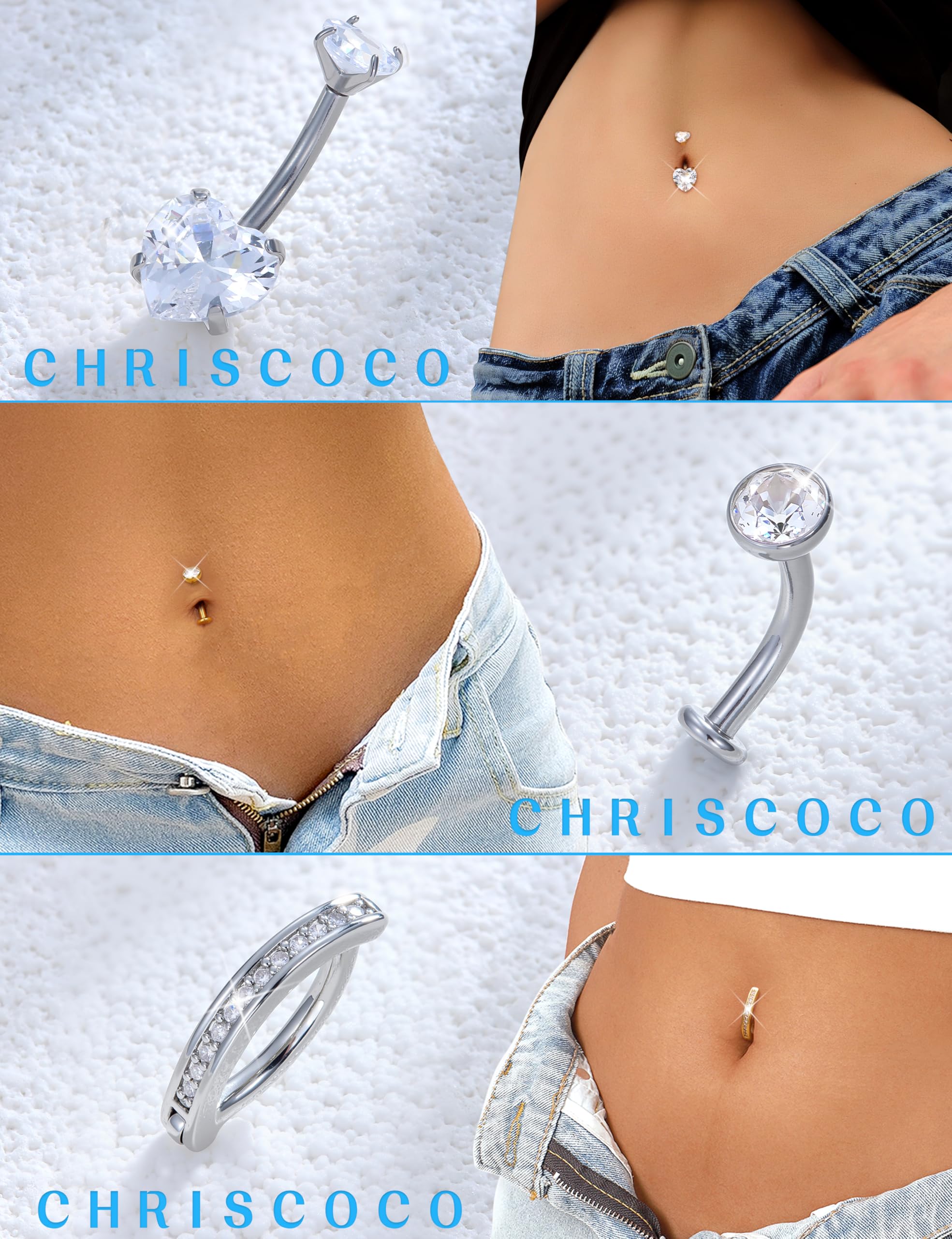 Chriscoco 10pcs 14G Piercing Nombril Acier Chirurgical Or Argent Zircon Coeur Opale Papillon Pendant Piercing Nombril Anneau Piercings Bijoux pour Femme