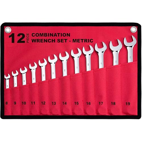 12-Piece Metric Combination Wrench Set in Roll-up Pouch, Non-Skip Sizes 8mm - 19mm | Chrome Vanadium Steel with Mirror Finish | Ideal for General Household, Garage Workshop, Auto Repairs and Much More
