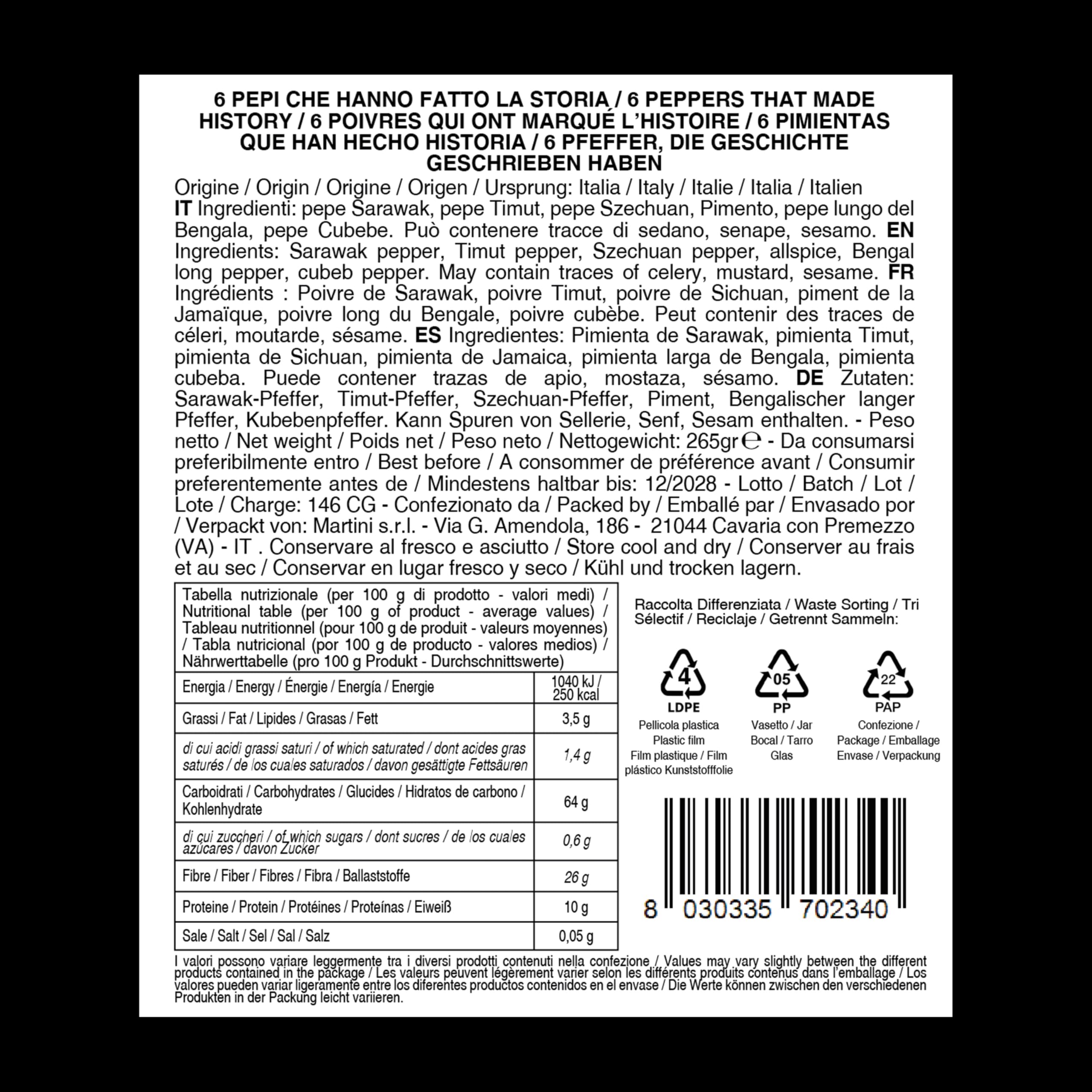 Set Pimientas Gourmet Bembo – 6 Pimientas Raras del Mundo – Pack Especias Regalo – Kit Cocina Gourmet