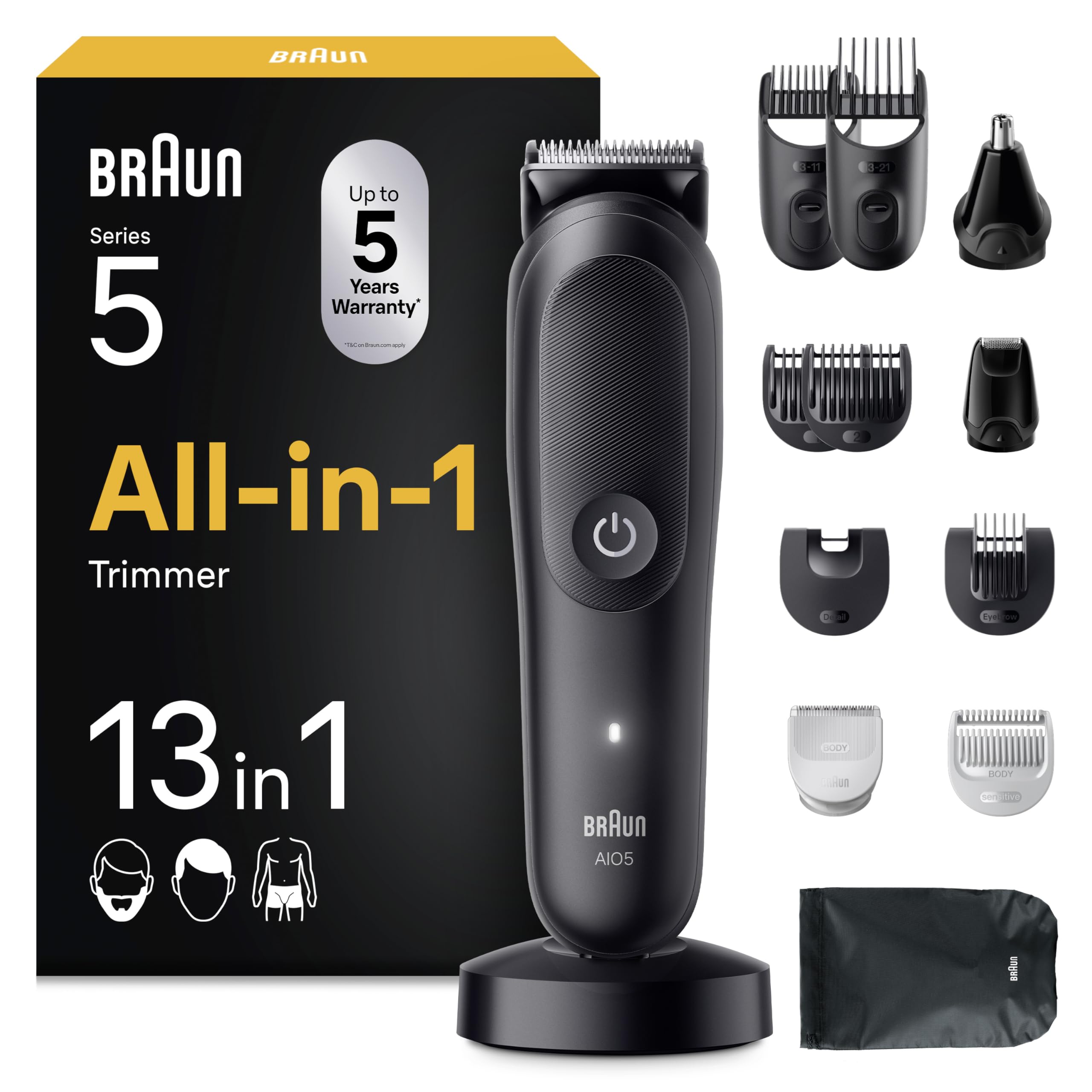 Braun Recortador Tudo em Um Série 5 AIO5565, Kit de Estilo 13em1 Para Barba, Cabelo, Orelhas, Nariz e Corpo, 120 Min, Aparador de Cabelo para Homem com Lâmina Ultra Afiada, Corte Preciso e Eficiente