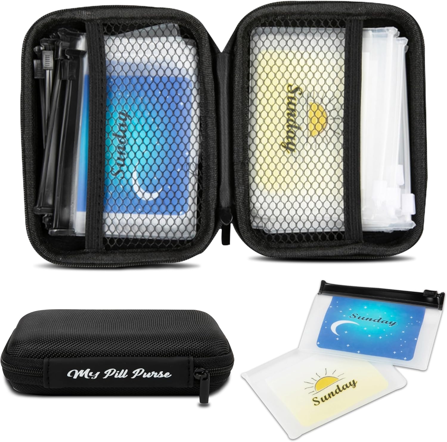 Day and Night Pill Organizer 14 Mini Pill Bags Color Coded, Labeled Days of The Week, Travel AM PM Pill Organizer 7 Day 2 Times A Day Small Med Wallet 4 X 5.5 X 1.50- Recommend Two if Lots of Pills