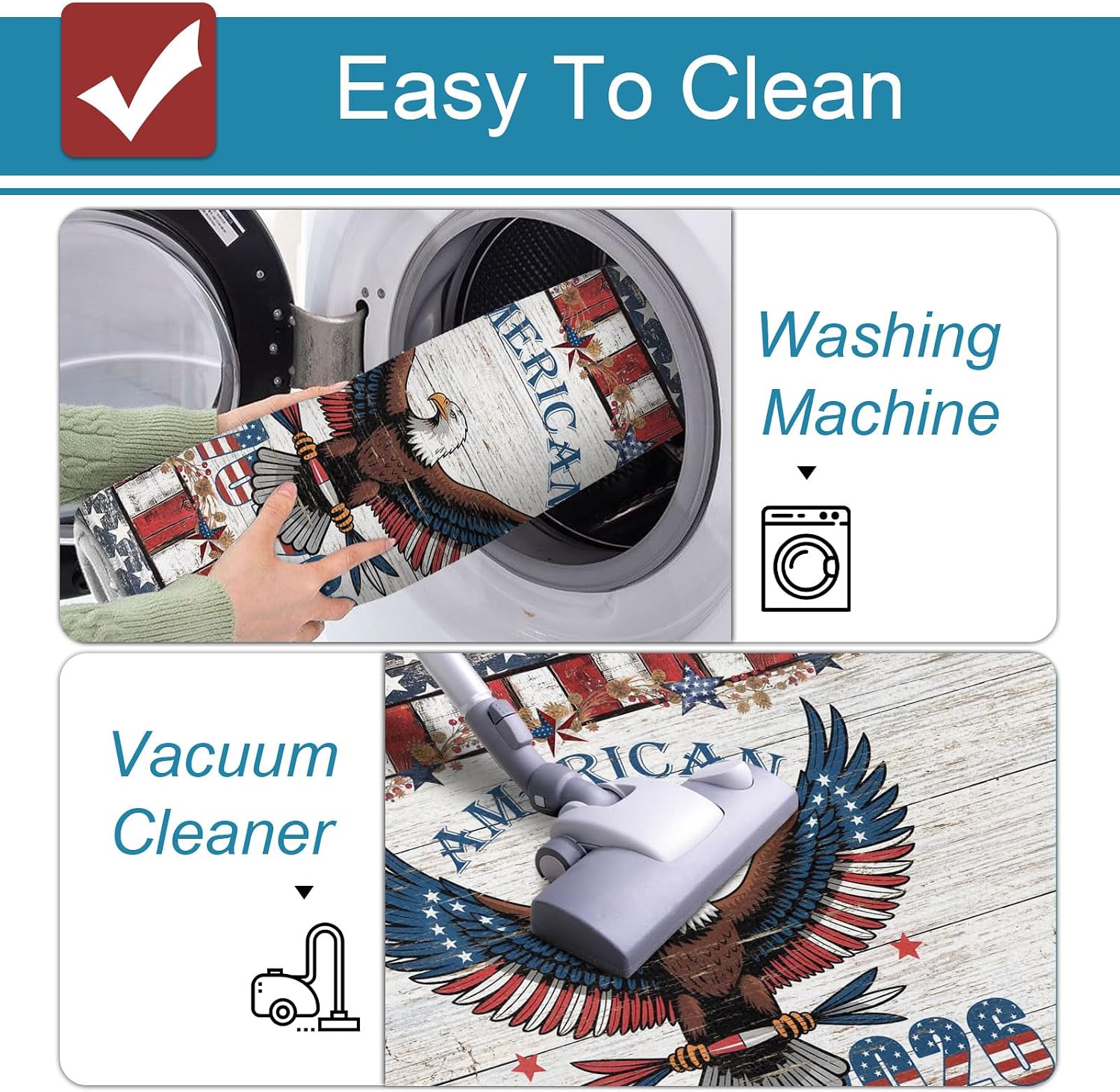 Patriotic Bald Eagle Kitchen Mats Set of 2 Rustic Wood 1776-2026 American Flag Non Slip Mat Washable Floor Rug for Kitchen Sink Floor Laundry, 15.7"x23.6"+15.7"x47.2"