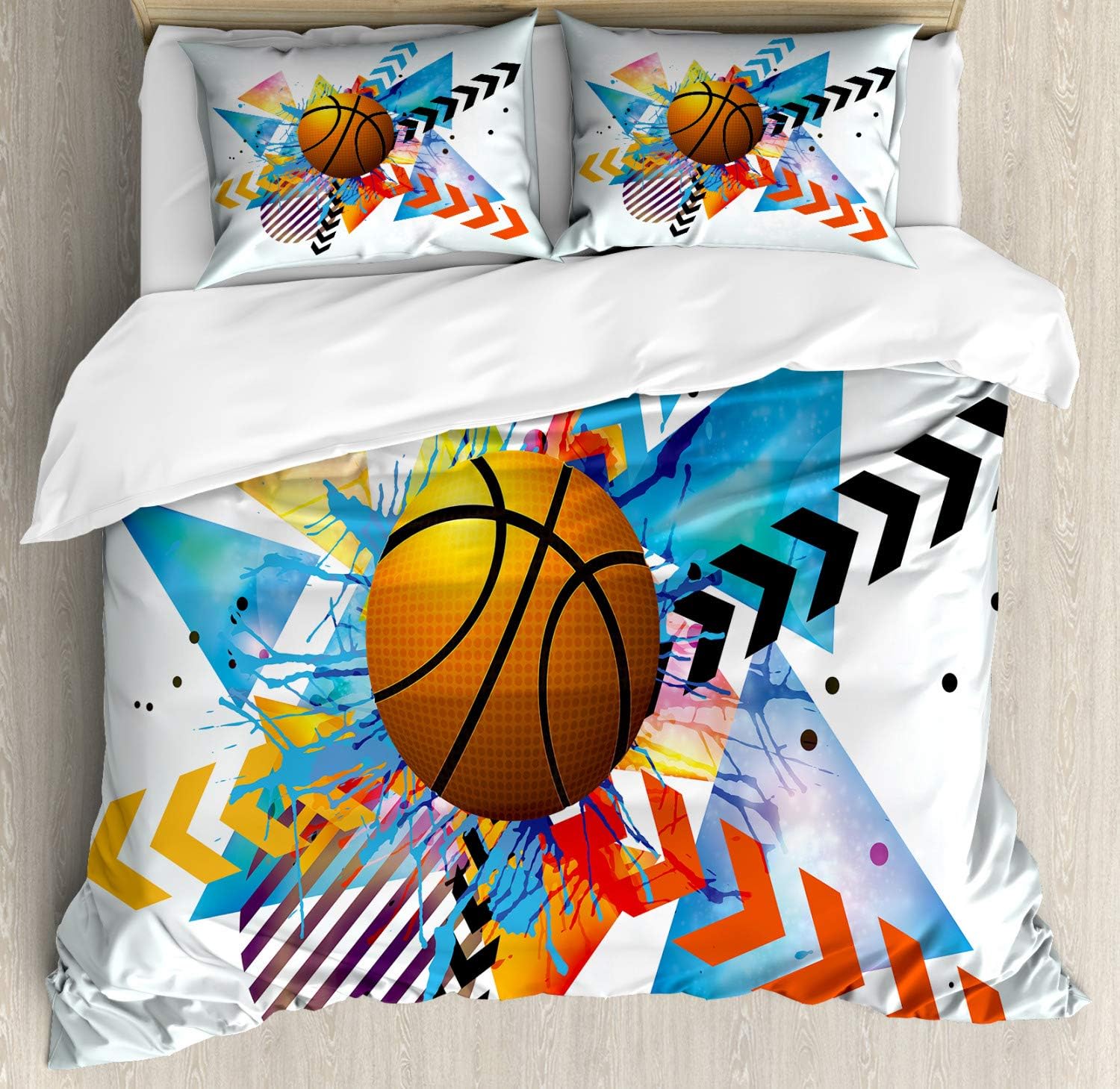 Ambesonne Teen Room Duvet Cover Set, Basketball in Front of Zigzag Circular Geometric Minimalist Forms Graphic Print, Decorative 3 Piece Bedding Set with 2 Pillow Shams, Queen Size, Orange Blue Queen Orange Blue