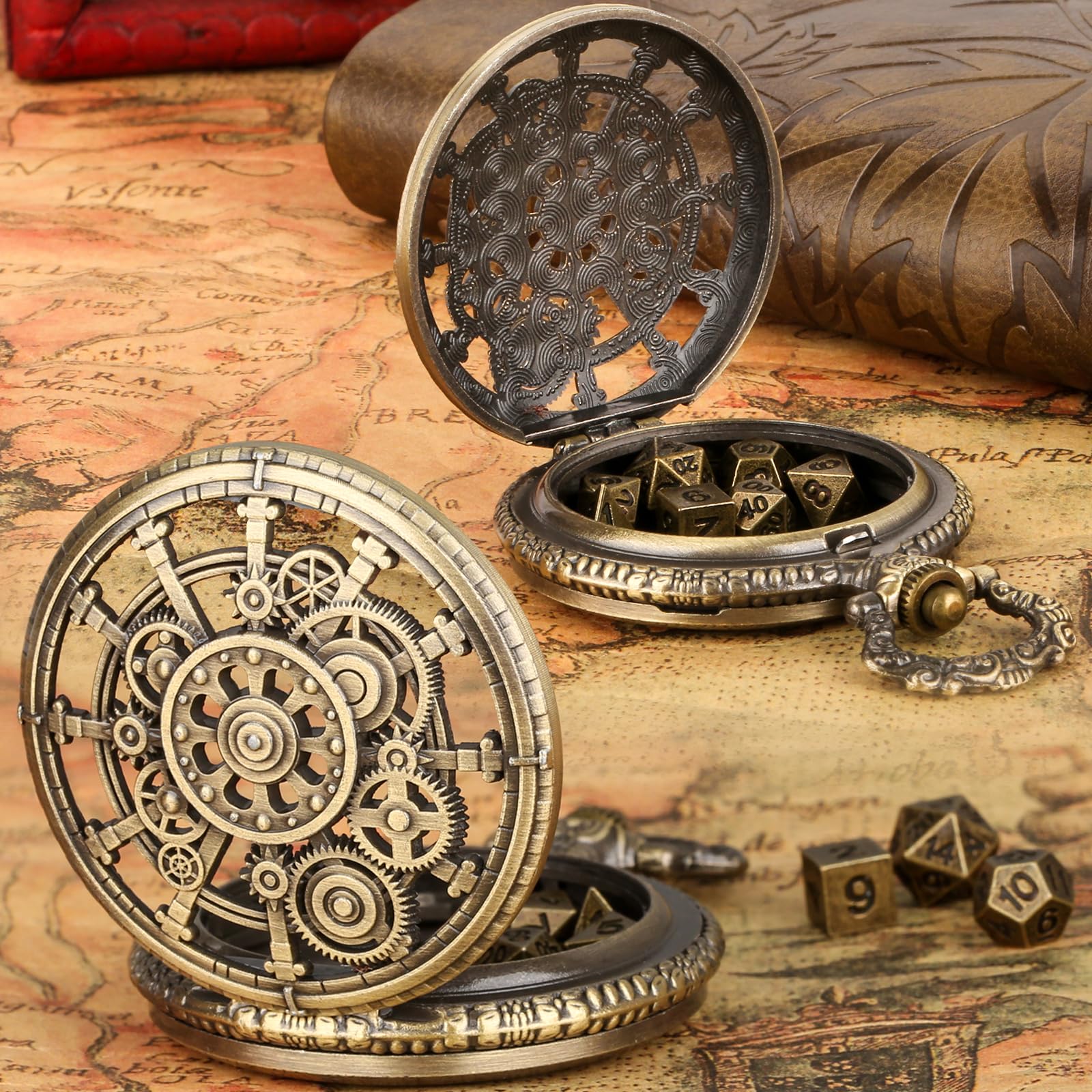 Mini DND Würfelset mit Steampunk Hohlzahnrad Taschenuhr Muschelgehäuse, 7-teiliges Polyedrisches D&D-Würfelset aus Metall, DND Geschenke mit Lederbeutel, Rollenspiel-Brettspielzubehör, Bronze