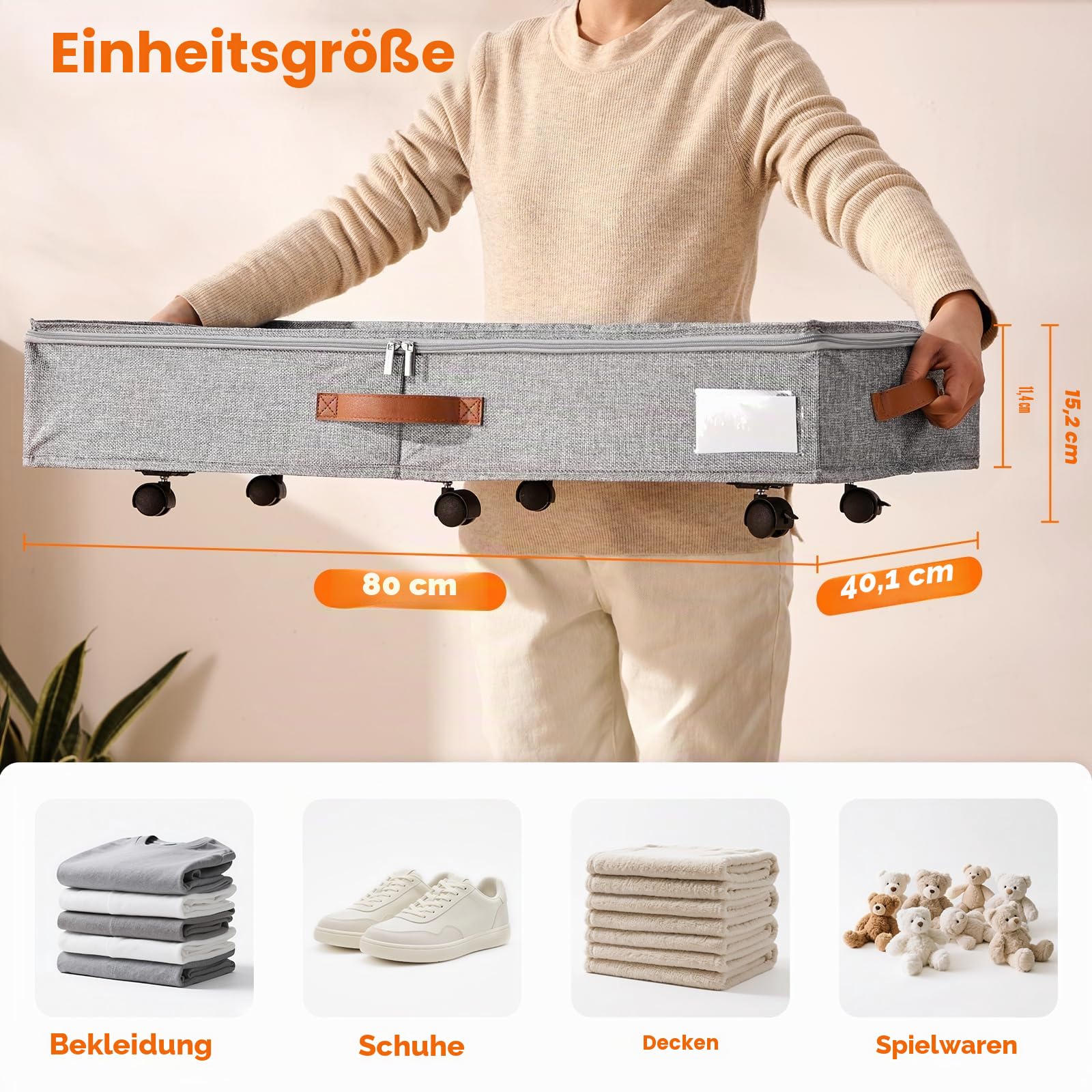 2er-Set Rollbare Aufbewahrungsbox unter dem Bett, 15 cm Höhe (6 Zoll) mit klarem Deckel - Graue Bettkasten für Schuhe & Kleidung