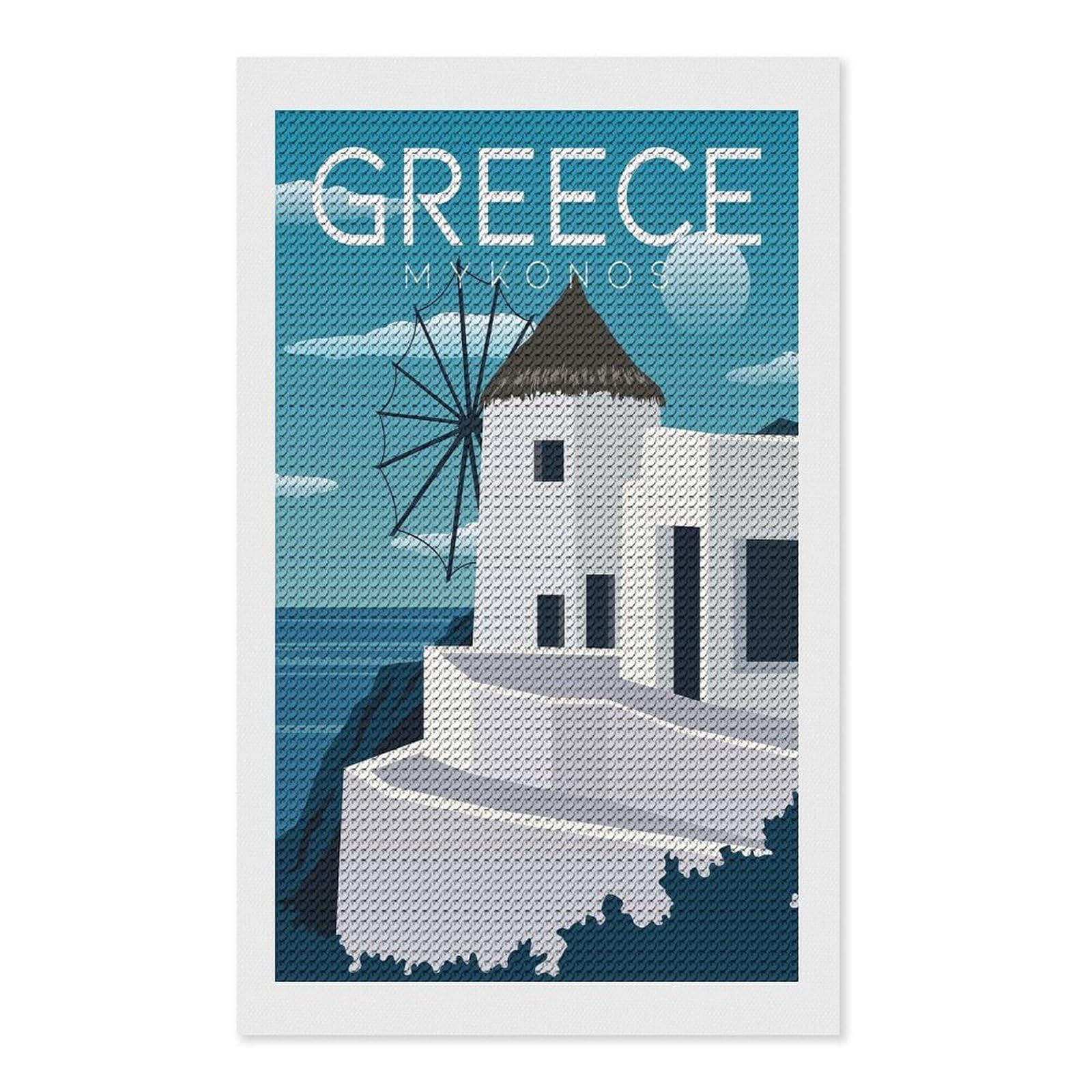 Junmoney Mykonos Windmill Greece Full Drill Diamond Painting Kit 12"x20", Sparkling Round Gems, Decorate Your Room, Mindful Craft Activity