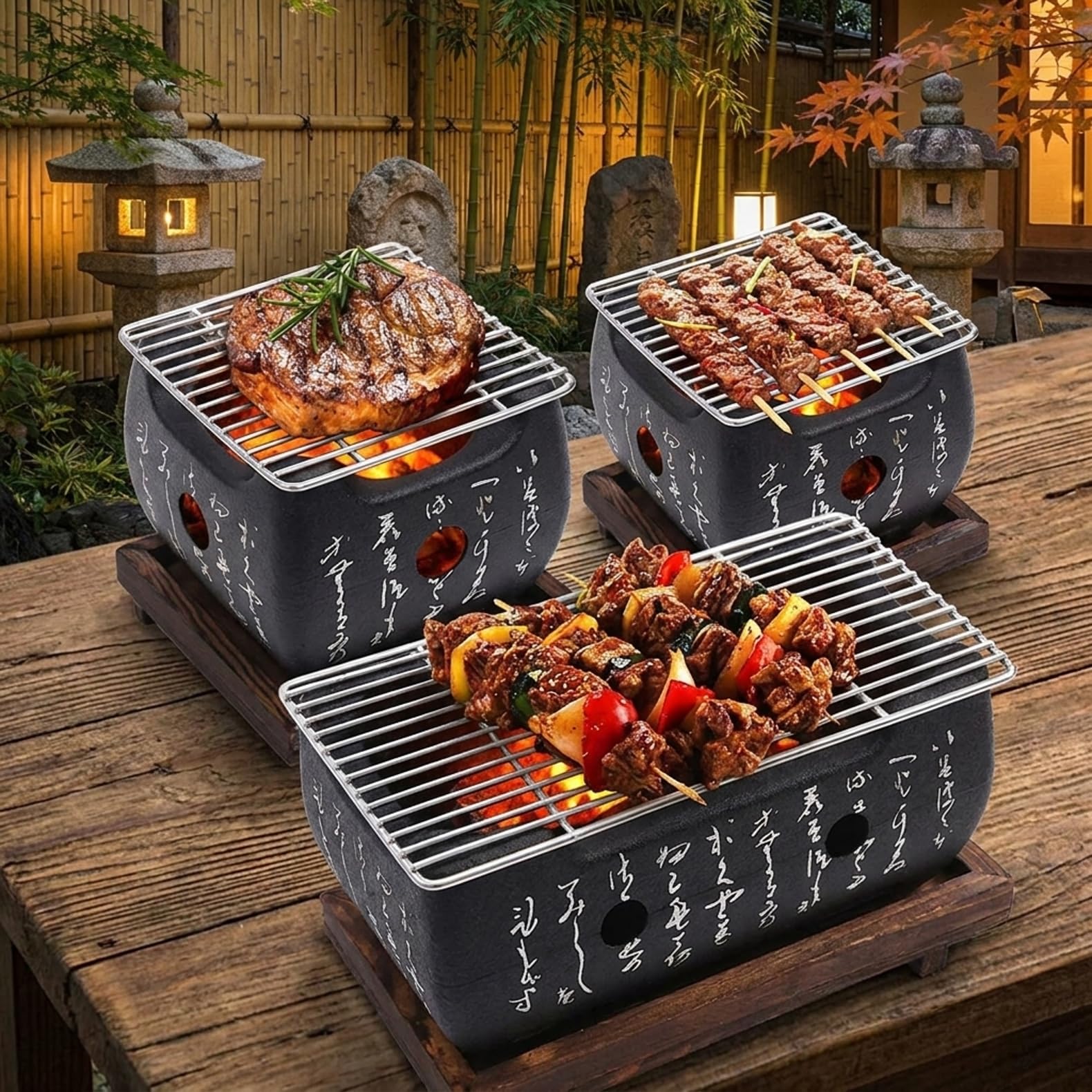 Amazon | 卓上七輪コンロ 小型 アルミ製 炭火コンロ 木製土台 焼き網