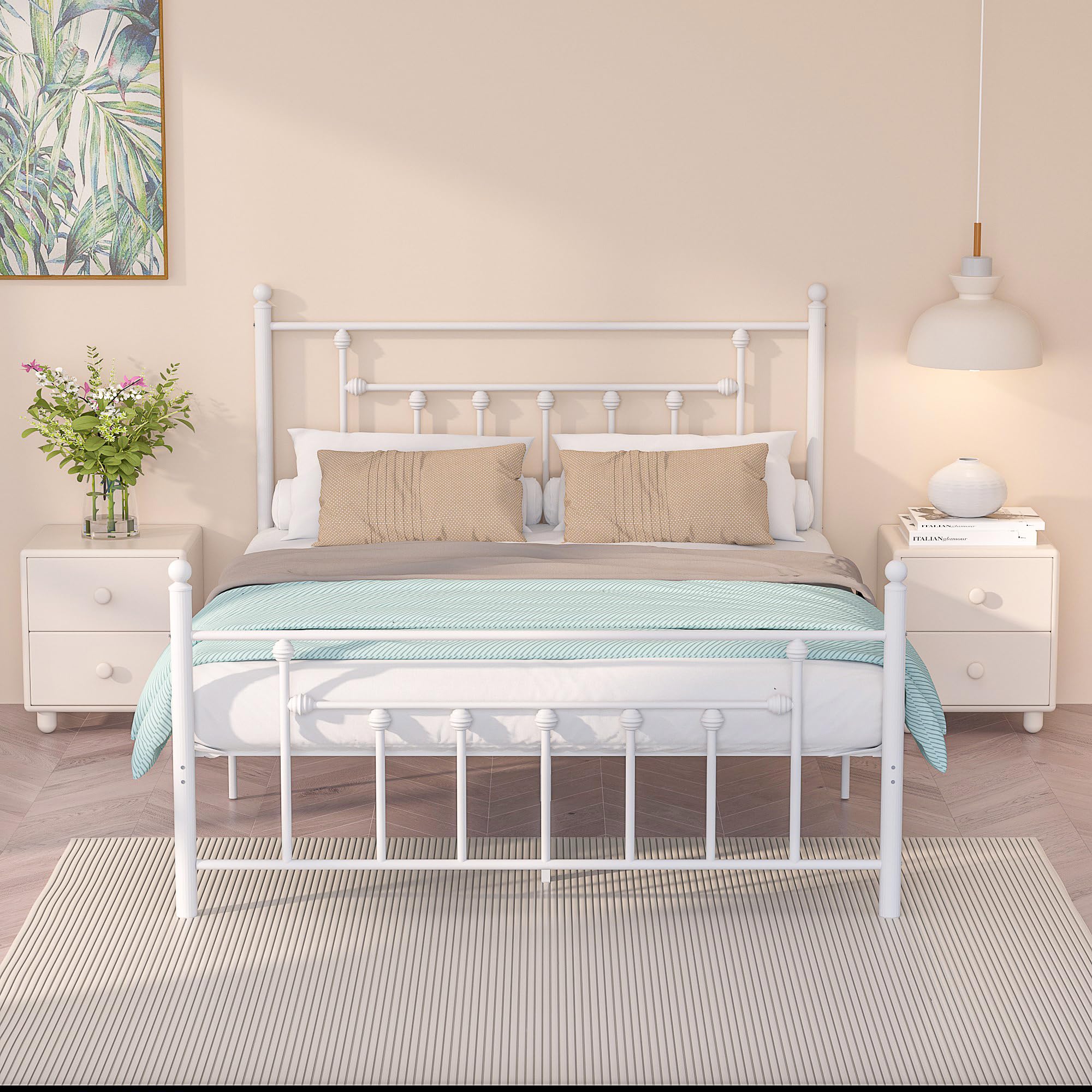 VECELO Full Size Metal Platform Bed Frame with Headboard and Footboard, Sturdy Steel Slat Support/No Box Spring Needed Mattress Foundation/Easy Assemble，Victorian Style, Pure White Brand: VECELO