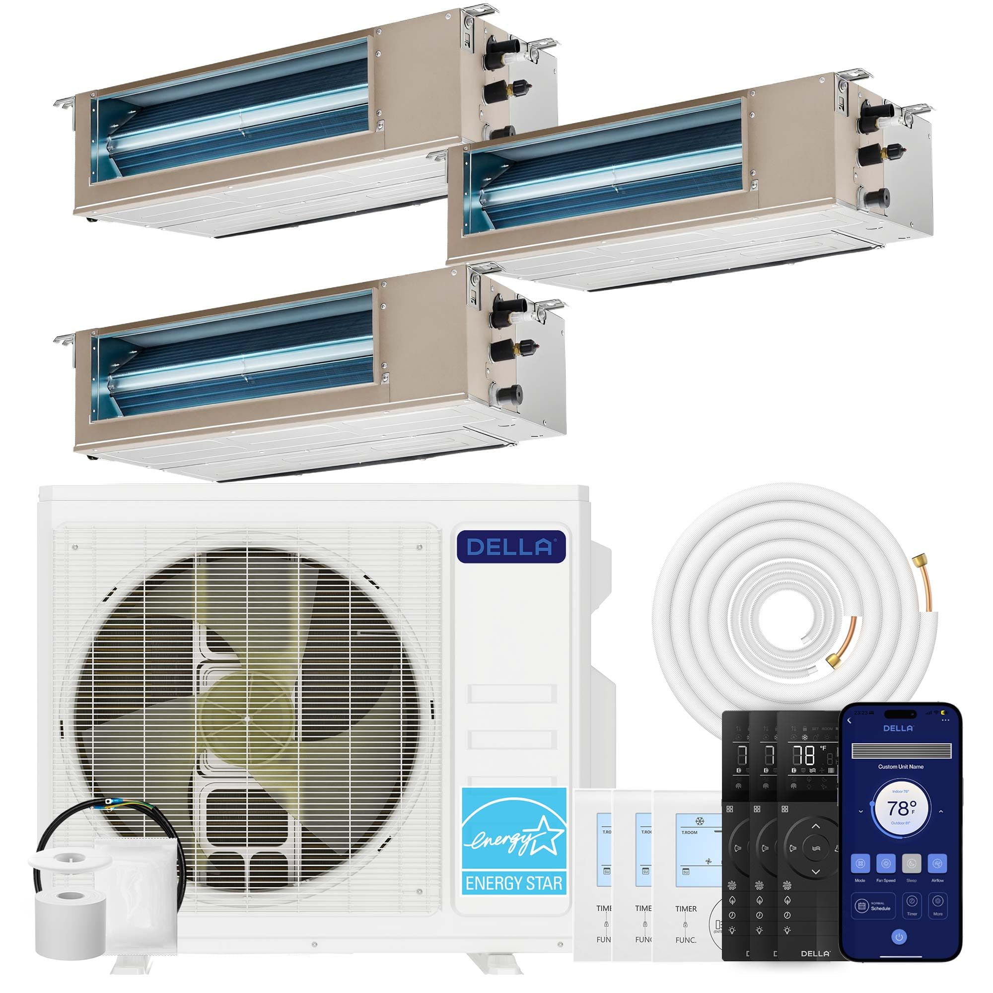 DELLA 27K BTU 3 Zone (3x12K BTU) Concealed Ducted Mini Split AC, 22 SEER2