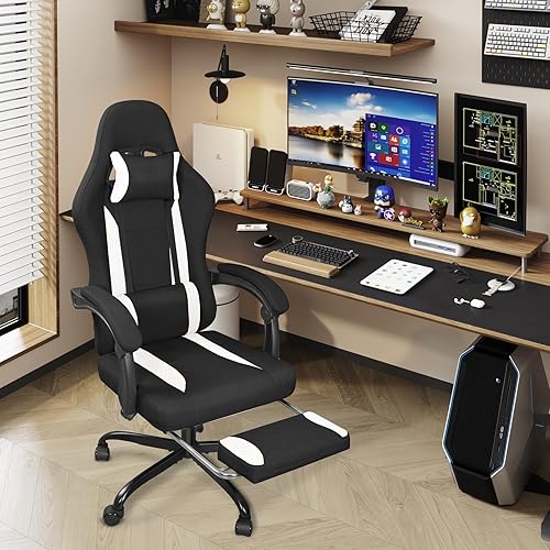 Miniatura 7 de Silla de juegos de tela transpirable con reposapiés, silla de juegos de altura ajustable, silla de videojuegos para sala de juegos, sala de estar y