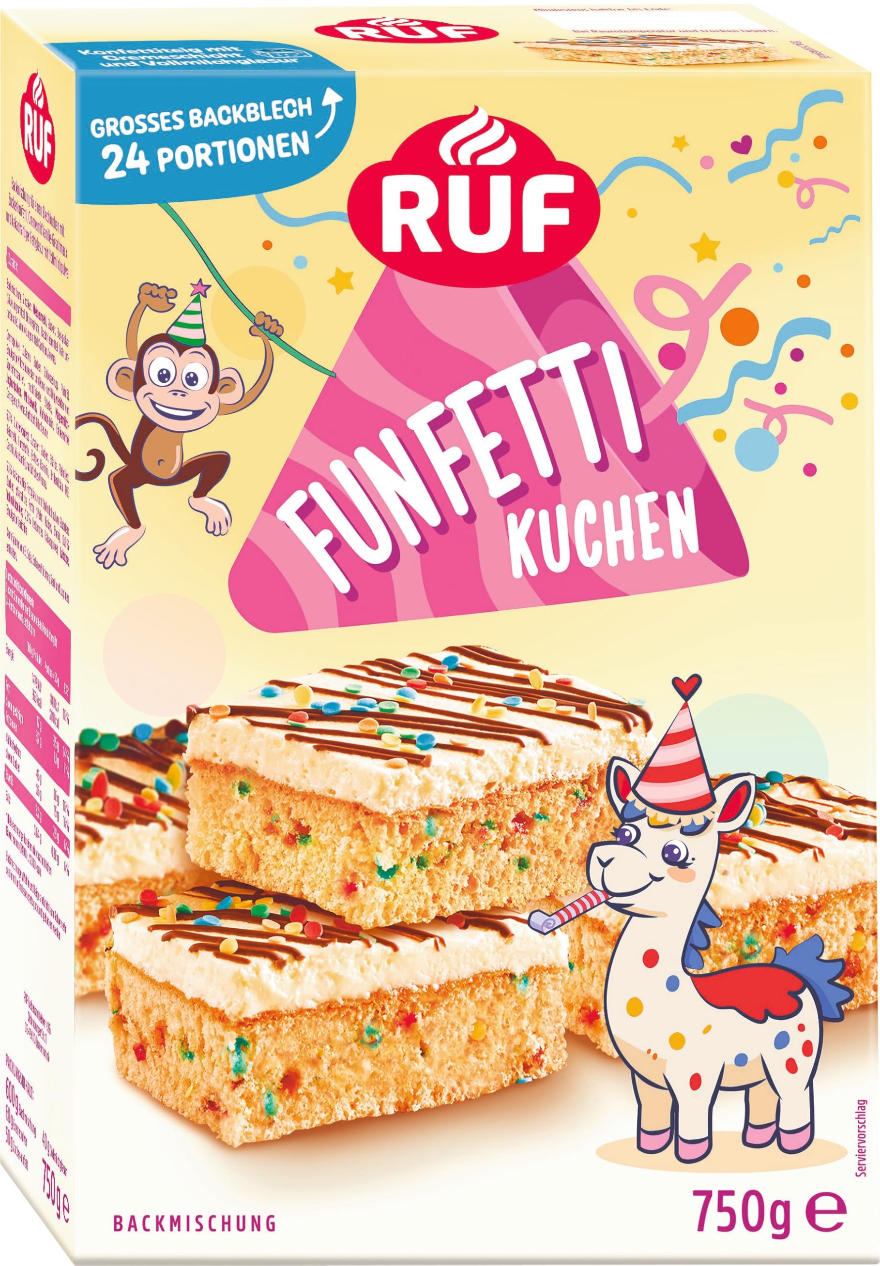 RUF Funfetti-Blechkuchen mit bunten Konfetti-Streuseln, Vanille-Creme und kakaohaltiger Pflanzenfett-Glasur mit Vollmilchpulver, 1 x 750g