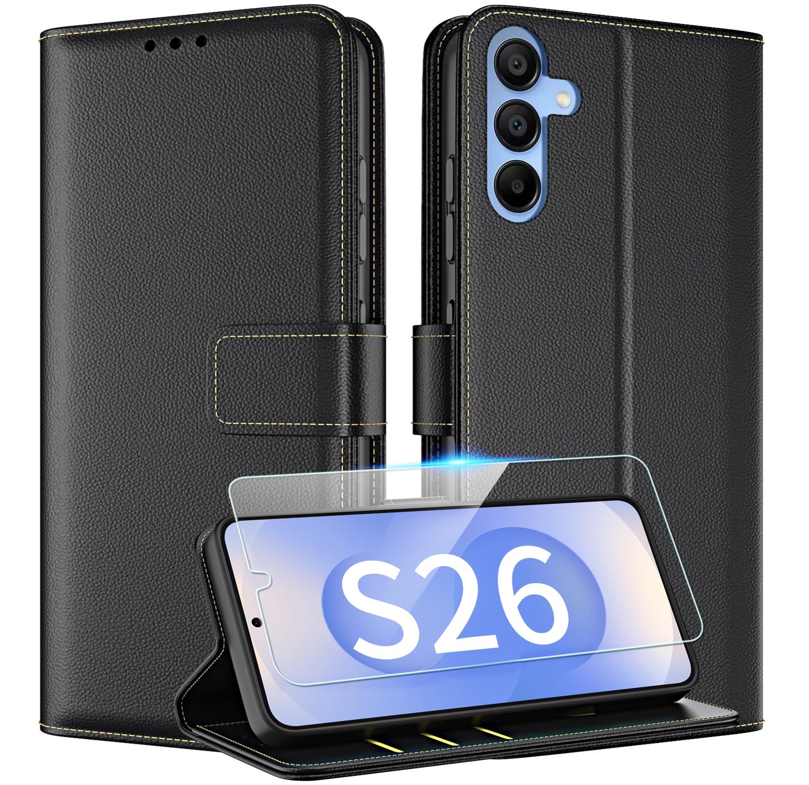 TQIAHF Handyhülle für Samsung Galaxy S26 Hülle Klapphülle mit Schutzfolie Glasschutz Leder Klappbar Flip Cover Case Schutzhülle Kartenfach Komplettschutz Handytasche,Schwarz
