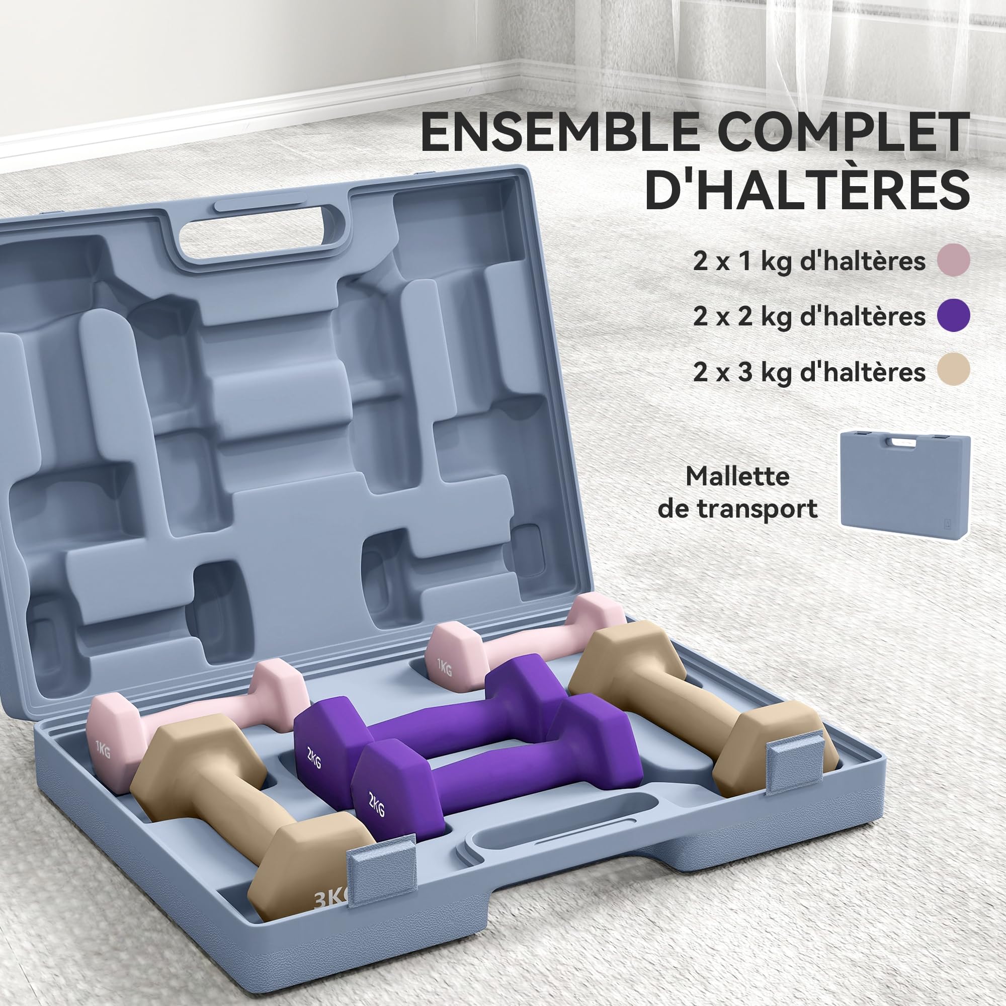 SPORTNOW Ensemble d'Haltères Hexagonaux 12 kg avec Mallette Multicolore | Lot de 6 Haltères Courts de Gym, 1 kg - 3 kg, Revêtement en Polyuréthane, pour la Maison, en Acier