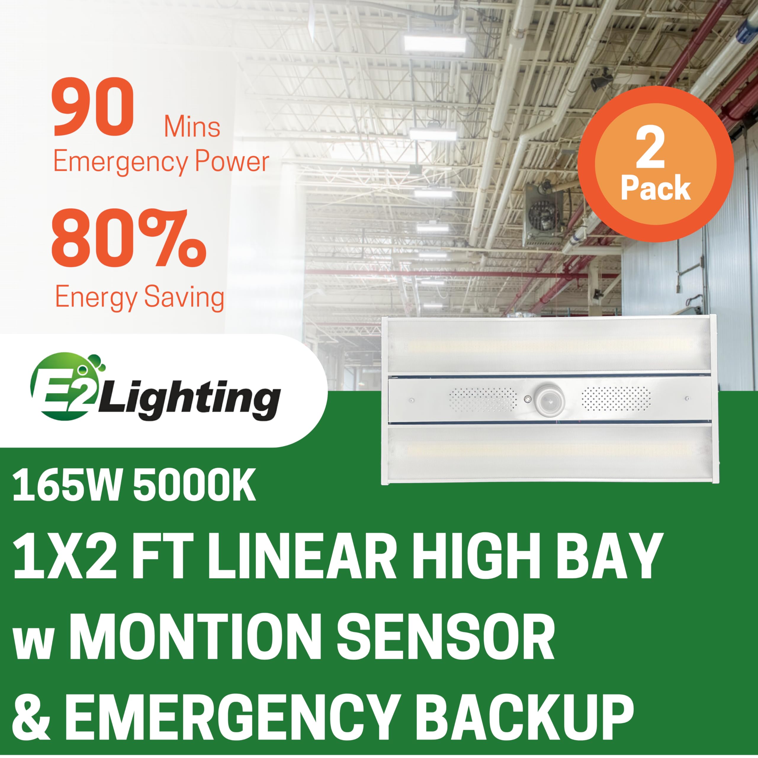 E2 LIGHTING 2 Pack 24,500lm 165W Linear High Bay w 15W Emergency Battery LED Shop Lights Dimmable, LED High Bay Lights for Warehouse, Energy Efficient Fixture, 2 Pack