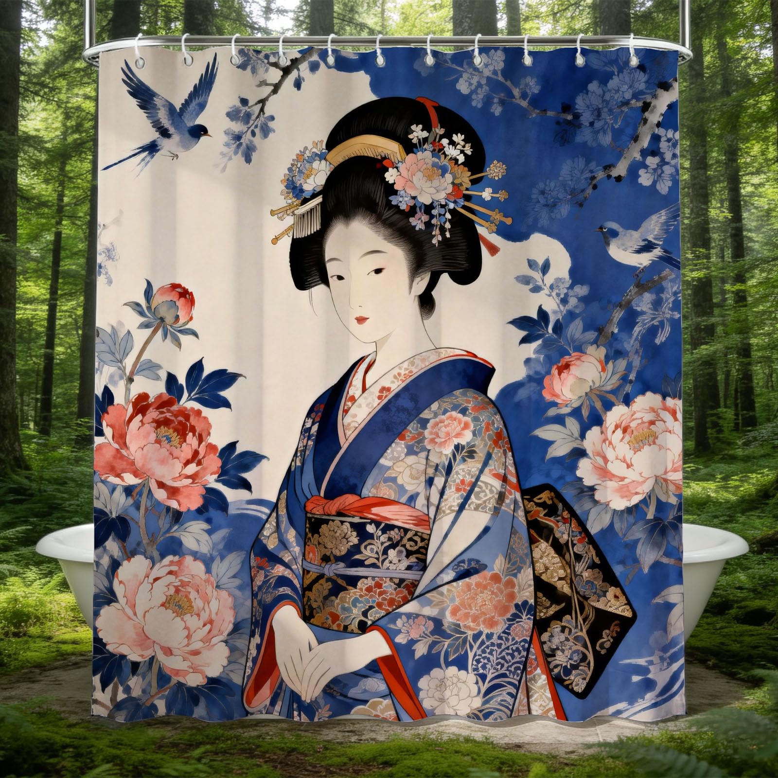 Hongduo 3D Geisha Shower Curtain for Stalls Bathtubs Japanese Illustration Bathroom Decor Shower Curtain Set Polyester Fabric Waterproof 200x200cm/79X79 Inch with Hooks