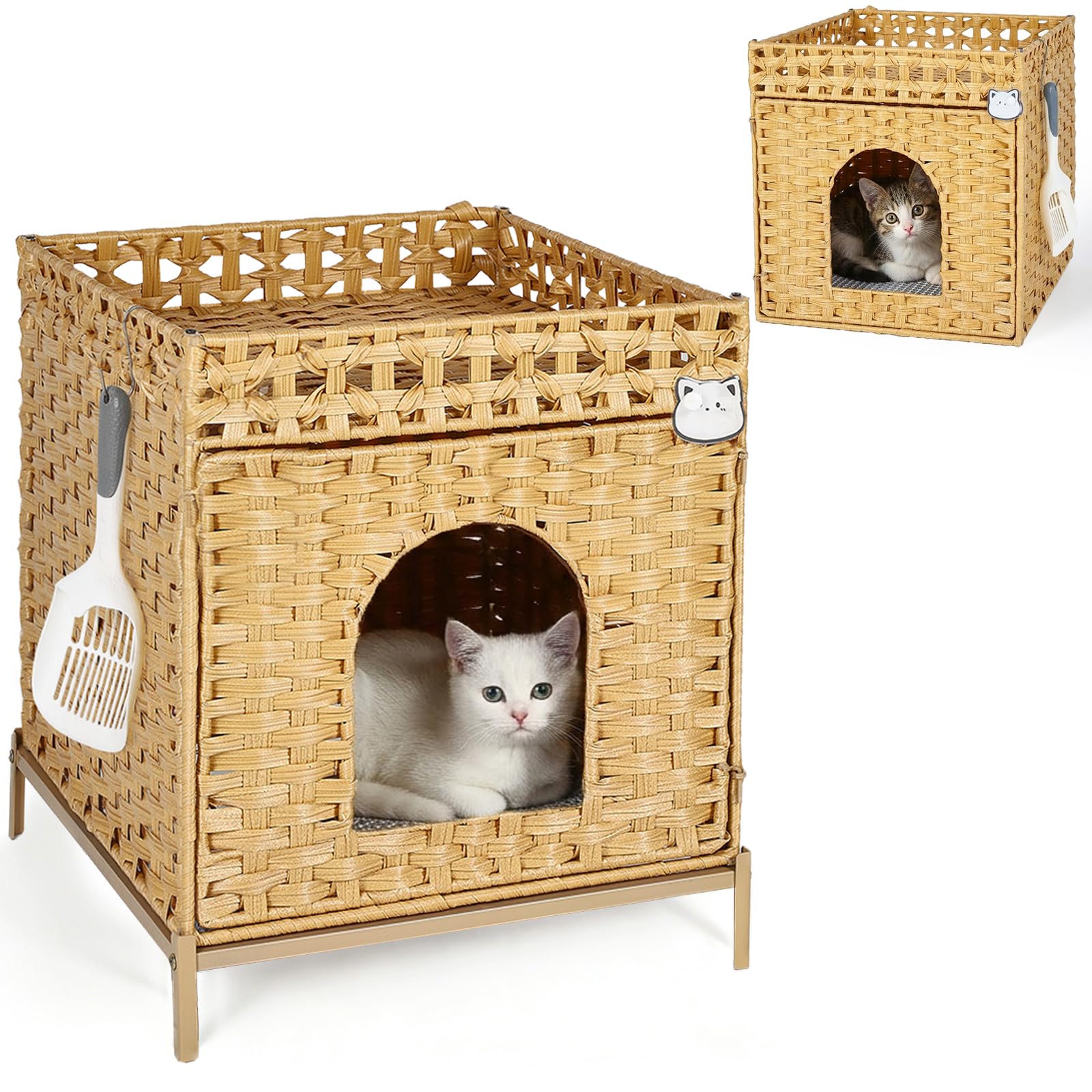 Caja De Arena para Gatos, Casa para Gatos Tejida A Mano En PE RattáN con Alfombra Y Ganchos S, Mueble De Caja De Arena Oculta para Sala, Dormitorio Y BalcóN, 47X52X59 Cm, Natural