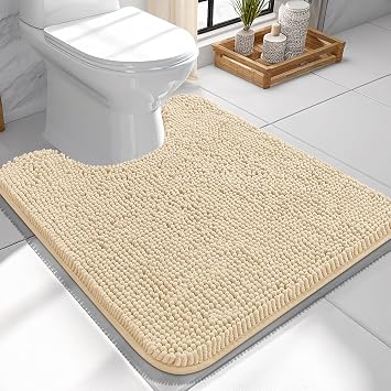 OLANLY Toilet Rugs U-Shaped 24x24, Extra Soft Absorbent Chenille Contour Bathroom Rugs for Toilet, Dry Quickly, Machine Washable, Non-Slip Bath Mat, Beige