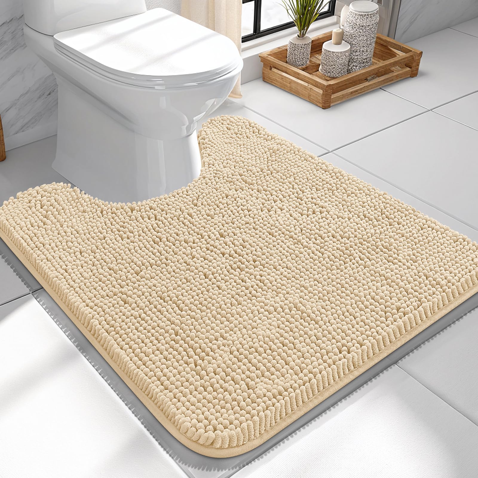 OLANLY Toilet Rugs U-Shaped 24x24, Extra Soft Absorbent Chenille Contour Bathroom Rugs for Toilet, Dry Quickly, Machine Washable, Non-Slip Bath Mat, Beige — image 1