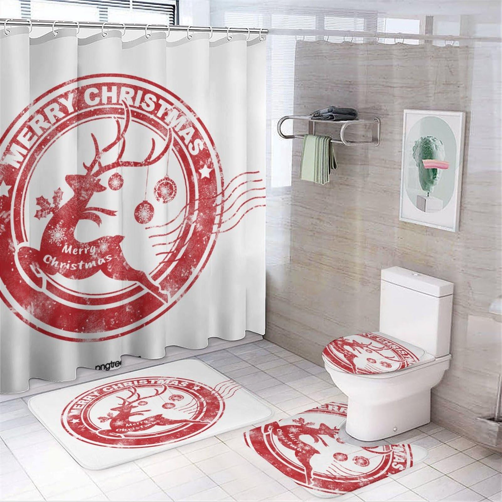 Colección navideña Baño de Cuatro Piezas Tappeto De Baño Absorbente Y Antideslizante, con Material De Diatomita, Ideal para Baños Modernos 183×183cm