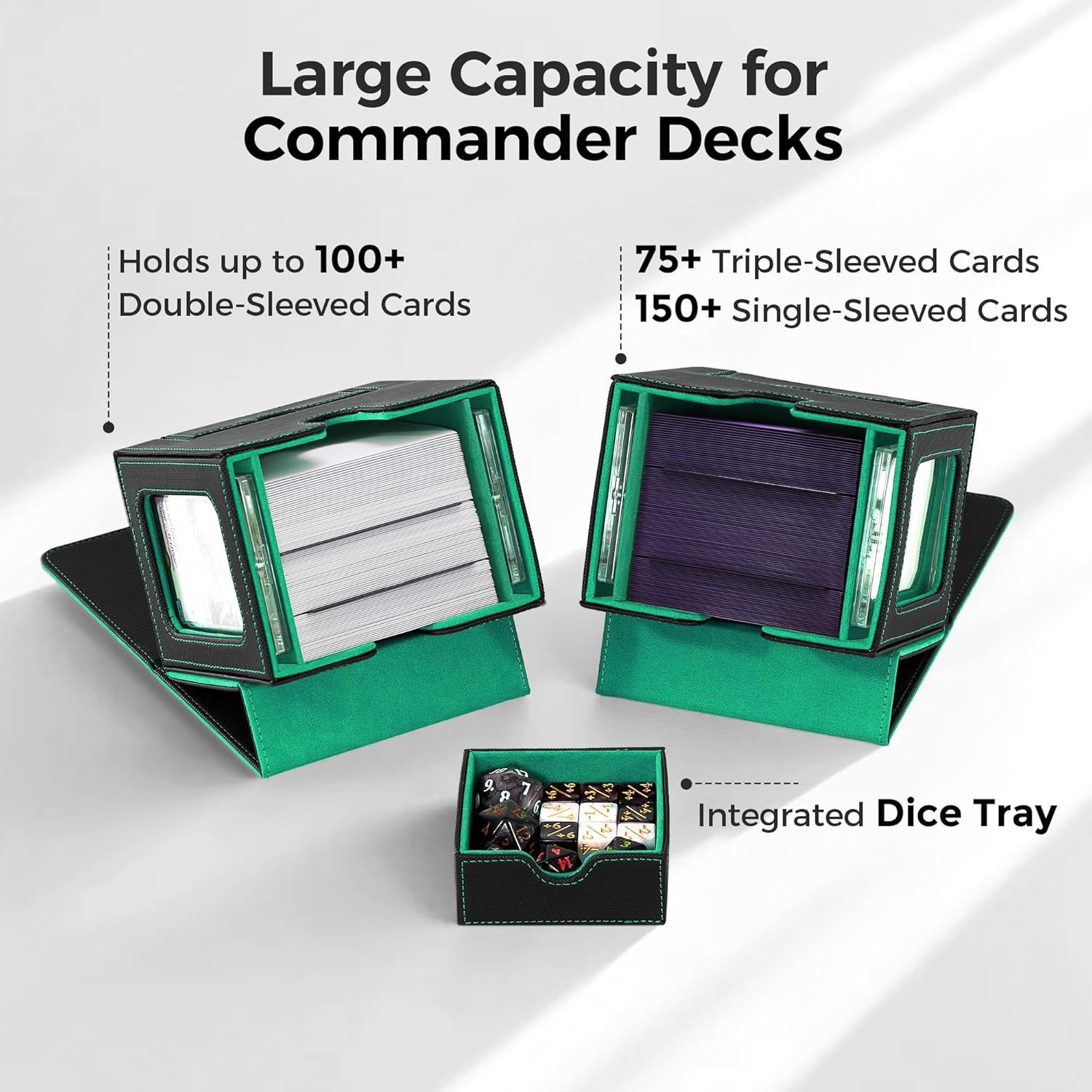 MTG Commander Deck Box with Dual Commander Display, Patented Card Deck Box Fits 100 Double-Sleeved Cards, MTG Card Case with Dice Tray, 2 Dividers, 2 Magnetic Holders, Black & Green