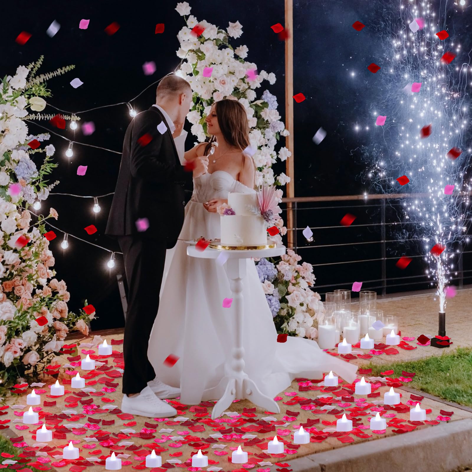 Coume 6000 Stück künstliche Rosenblätter mit 72 Stück romantischen Herz-LED-Kerzen, flammenlose Liebe, LED-Teelichter für romantische Nacht, Jahrestag, Tischdekoration (weißes Licht)