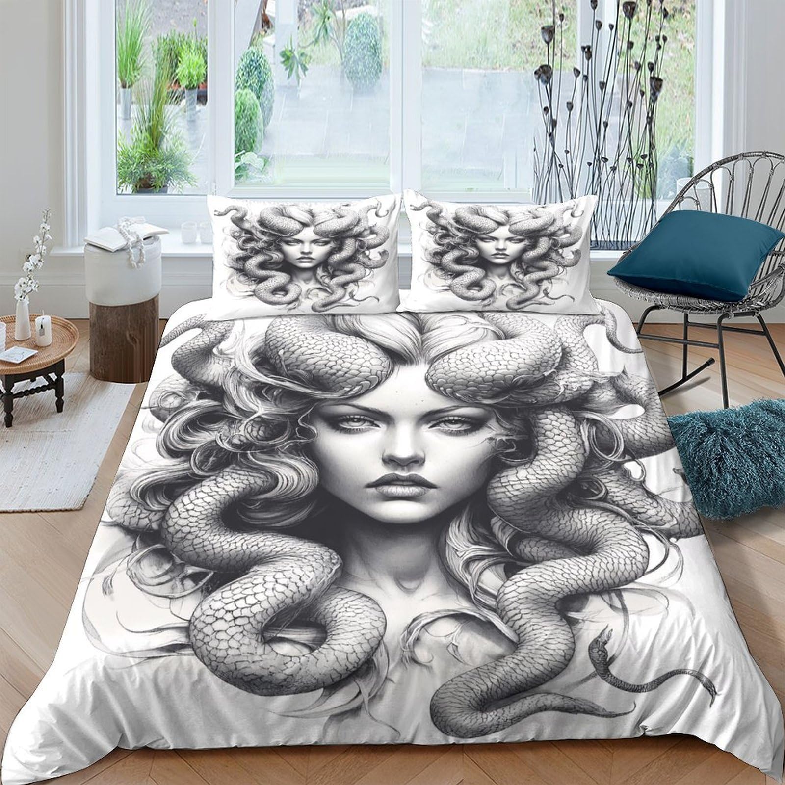 Ctjqhvkz Style-10 3D Printed Medusa Snake Fitted Sheet Microfiber Soft Black White Art Mattress Cover For Bedroom Dorm Protection Single（135X200cm）