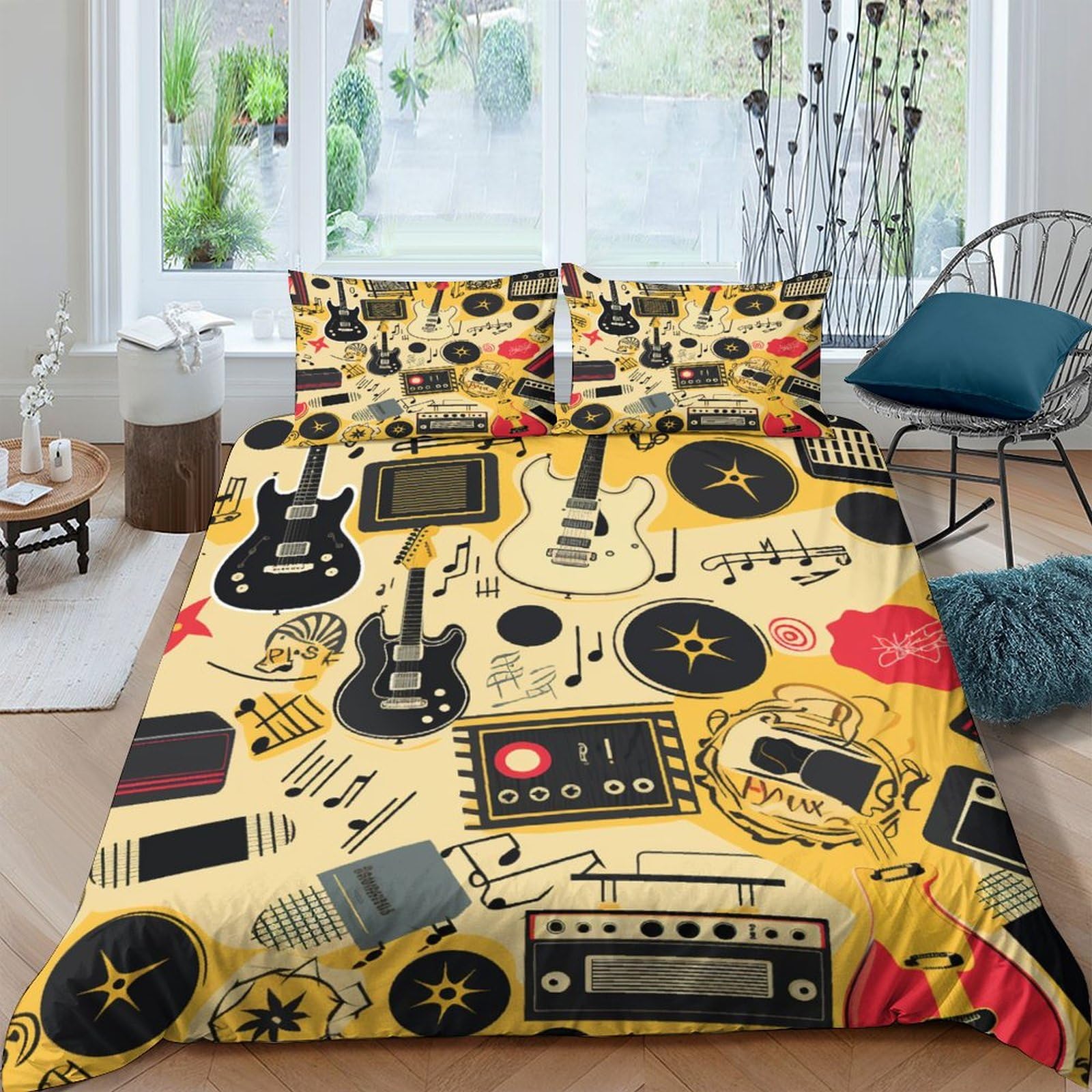 Housse de couette guitare vintage King 220x240 parure lit 3 pièces