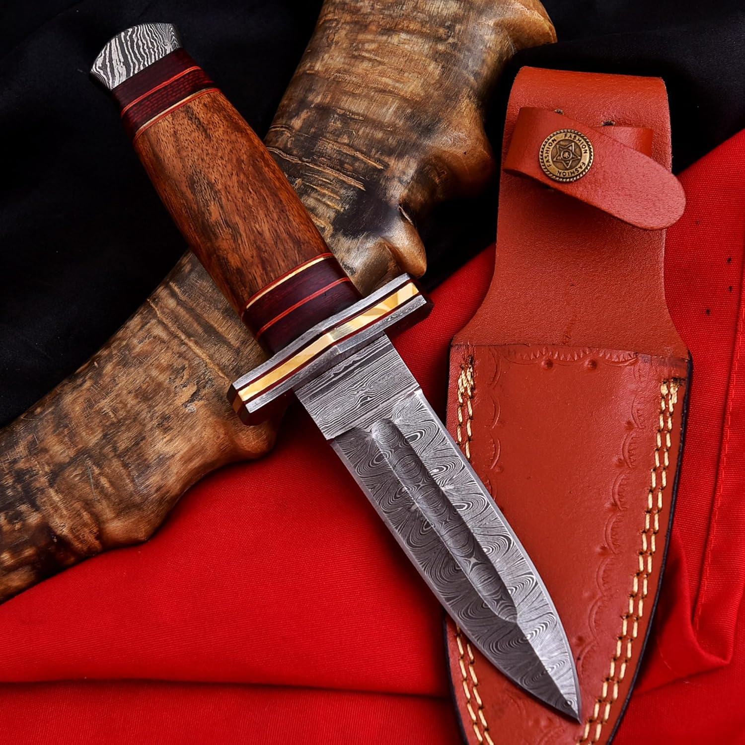 4.5in Small Fixed Blade Double Edge Dagger Knife Edc Damascus Steel for Hunting with Leather Sheath Wood Handle