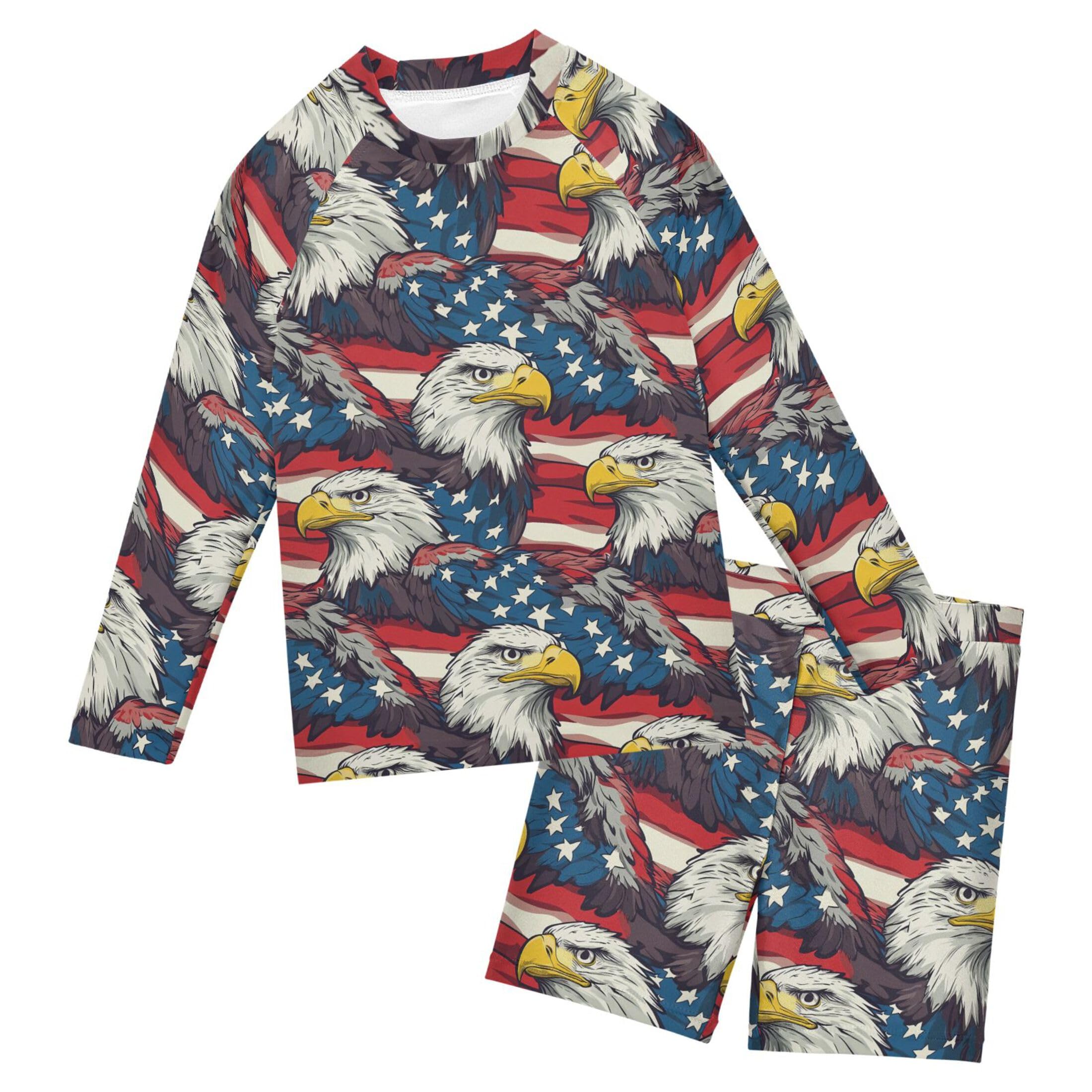 4th of July Bald Eagle American Flag Baby Boys' Toddler Long Sleeved Rashguard Swim Bathing Suit Set B0404282
