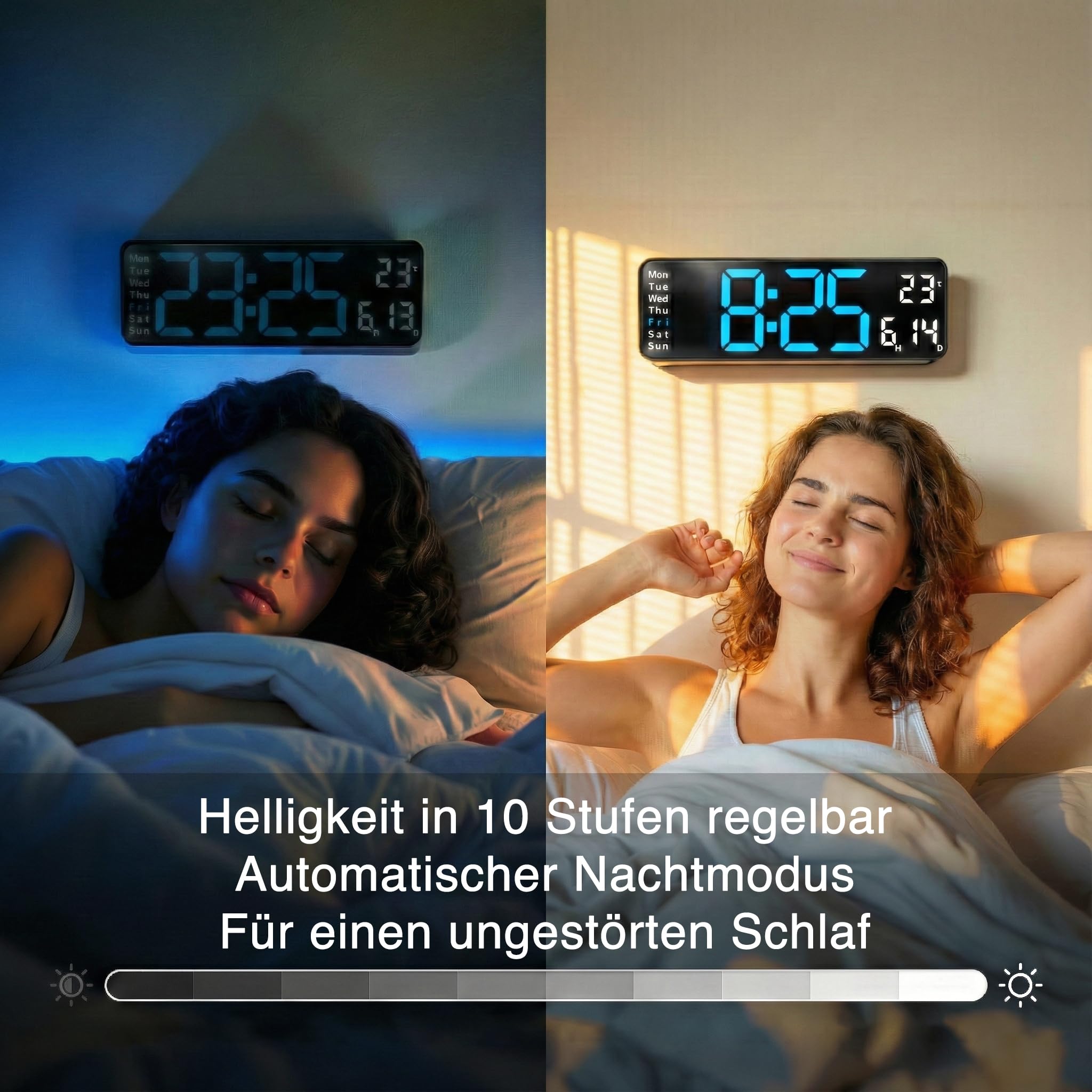 Opis Technology Clock 1 XL - Digitale Wanduhr - Retro LED Wand Uhr mit Fernbedienung, Timer & Wecker, Temperaturanzeige, dimmbares Display, Blau/Weiß
