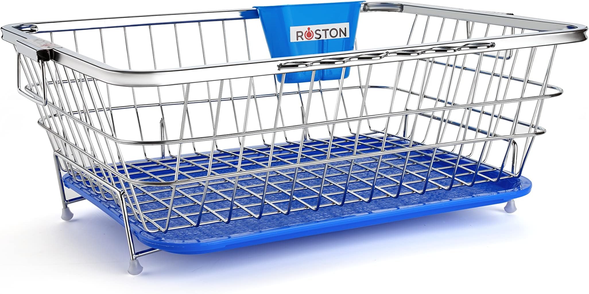 ROSTON Dish Drainer Basket/Vessel Drainer Basket Steel Dish Drainer with Tray Basket for Kitchen/Dish Drying Stand/Plate Rack with Drip Tray (Blue)(Stainless Steel)