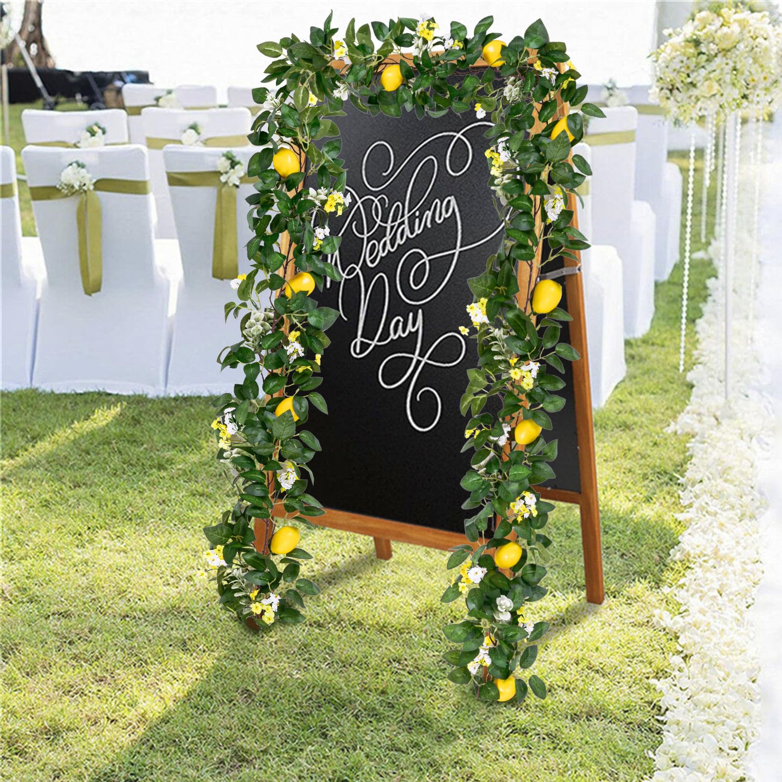 U'Artlines Künstliche Zitronengirlande für Frühling, Sommer, künstliche Obstranken, Girlanden mit Grün, für Tür, Wand, Kaminsims, Hochzeit, Party, Tischdekoration, 2 Stück