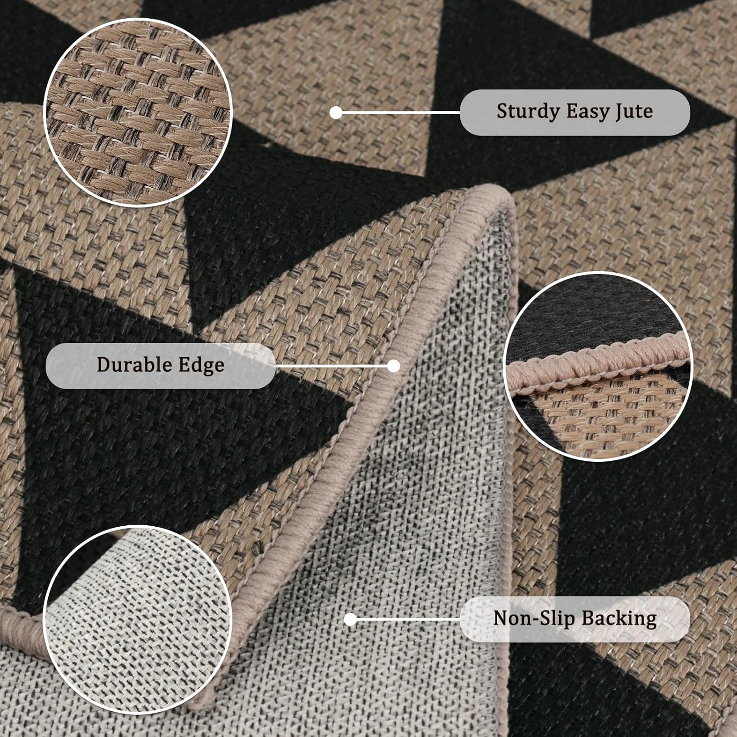 Easy Jute 3x5 Black Triangle Area Rug,Washable Entryway Rug,Modern Door Carpet,Neutral Non-Slip Outdoor Indoor Farmhouse Rug for Living Room Kitchen Patio Bedroom