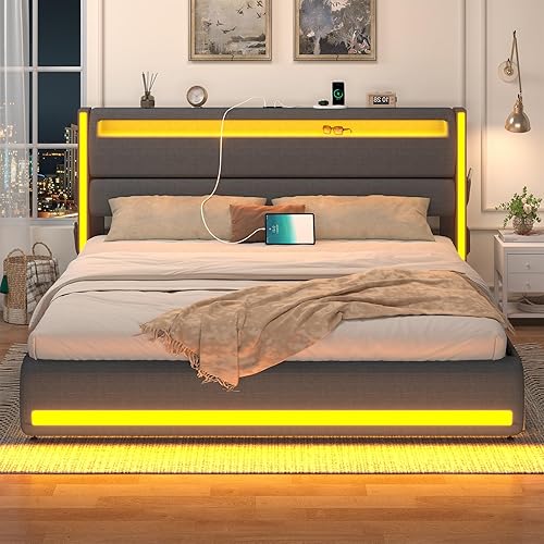 Miniatura 9 de Base de cama tamaño King con cabecero ajustable, plataforma de cama tamaño King con iluminación, base de cama tapizada de metal tamaño King con