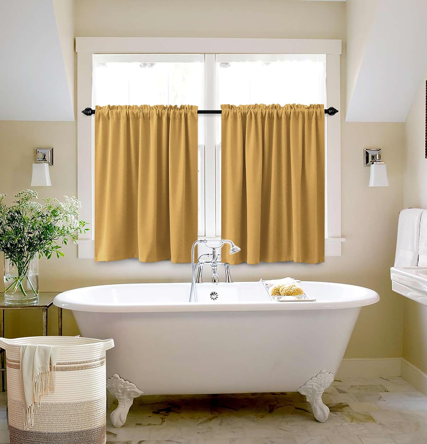 KOUFALL Light Gold Short Curtains 36 Inch Length for Kitchen Small Window Blackout Rod Pocket Window Coverings for Bedroom Bathroom 34 x 36 Inches Long