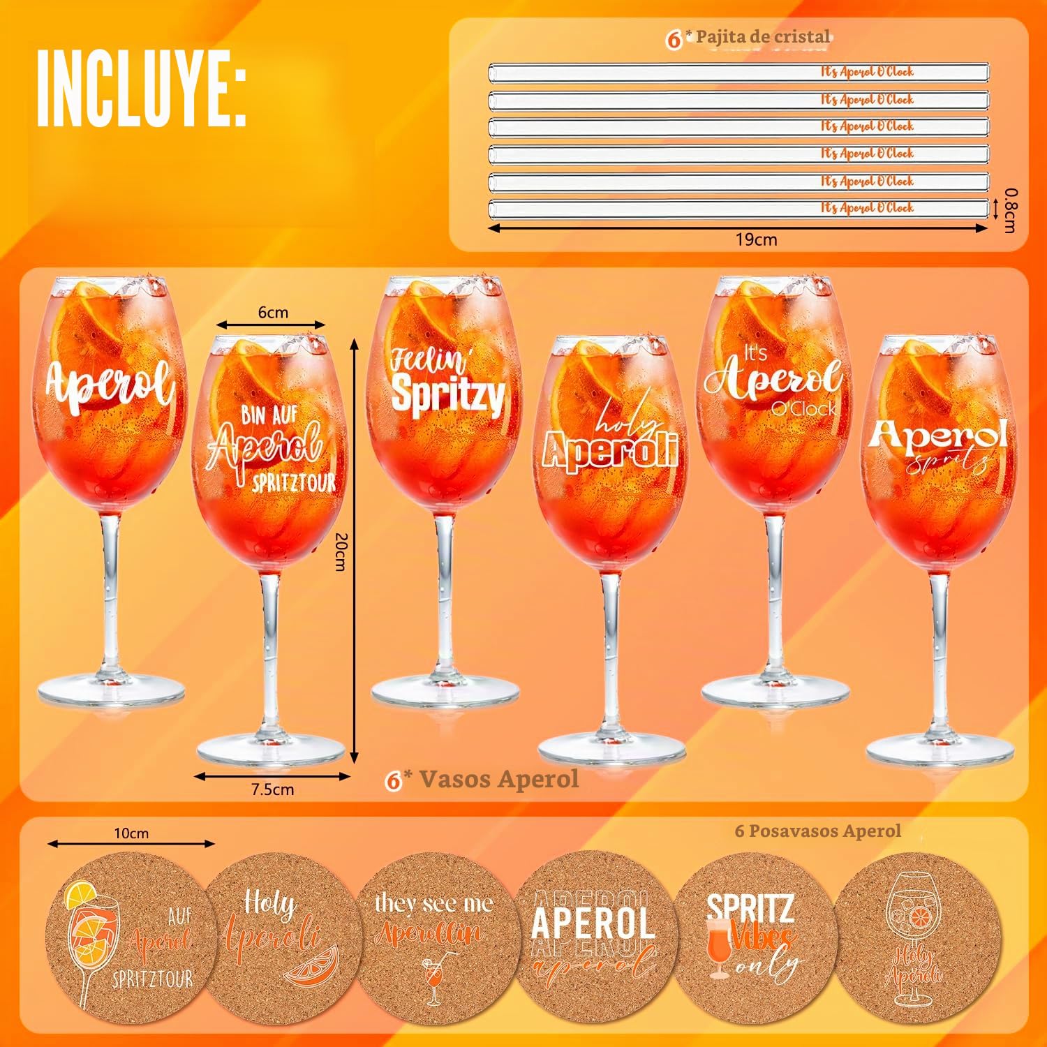 Juego de 6 vasos Aperol Spritz de regalo, vasos de aperol premium, pajitas de cristal Aperol O'Clock, posavasos de corcho, ideal para fans de Aperol (6)