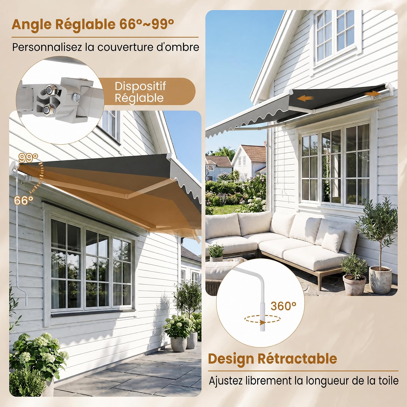 COSTWAY Store Banne de Manuel Rétractable de 4 x 2,5M Angle Réglable 5-35°, Auvent de Terrasse avec Tissu Résistant aux UV et à l'eau Cadre en Aluminium, pour Jardin Terrasse (Gris)