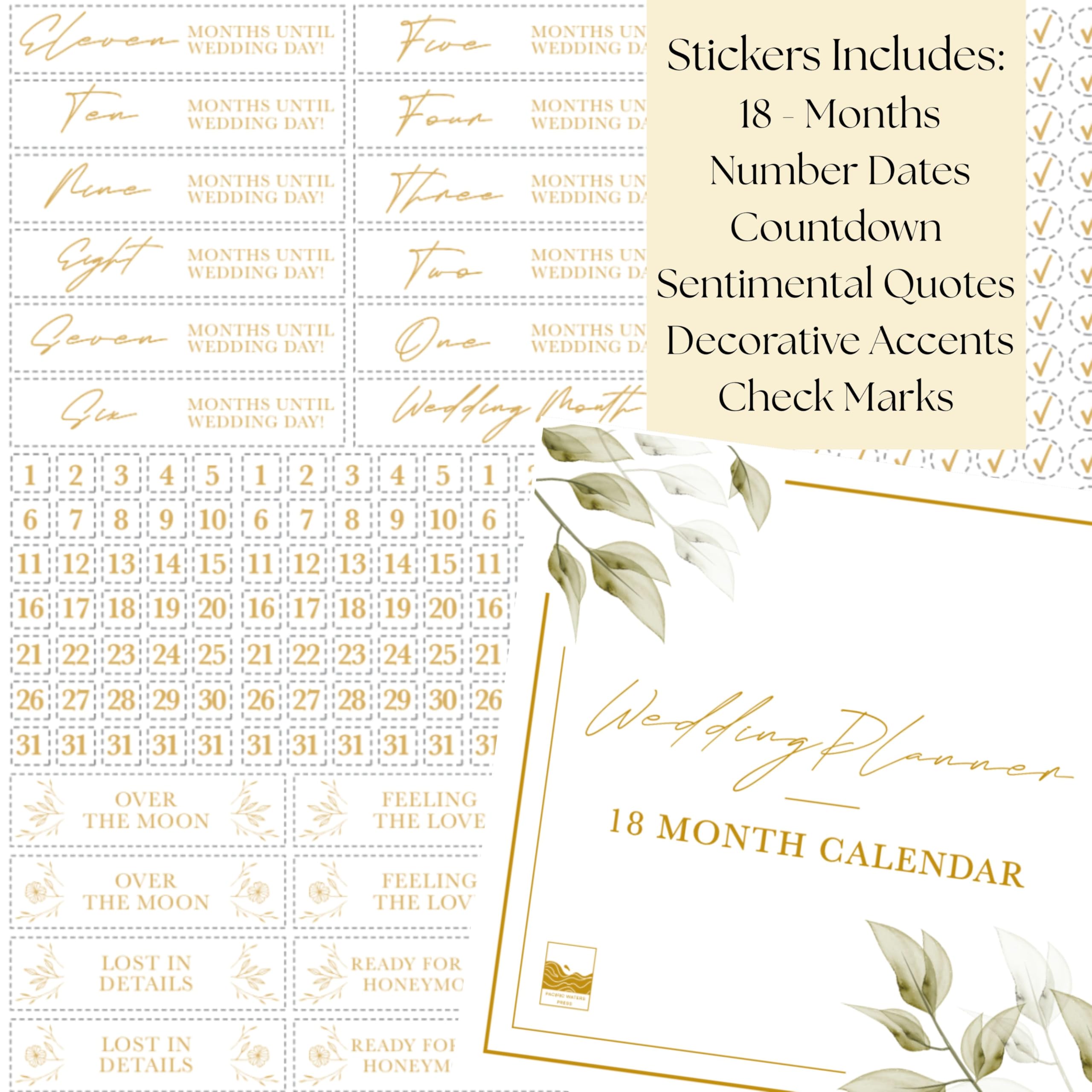 Hochzeitsplaner "I Do", 18 Monate, undatierter Countdown-Organizer mit Zitaten, Aufklebern und monatlichen Trackern, Brautgeschenk Pacific Waters Press