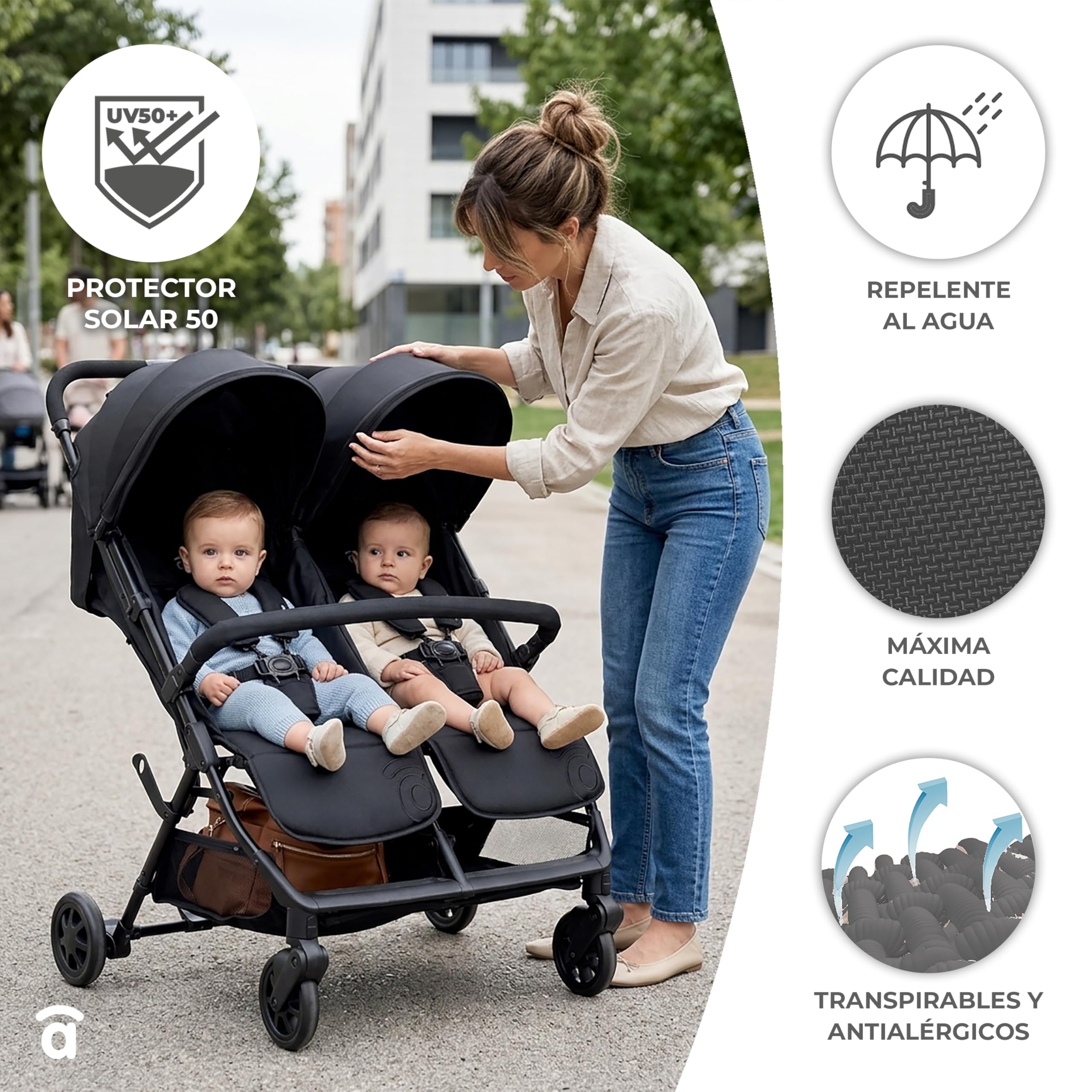 Silla de Paseo Doble para Gemelos o Hermanos, Ligera, Reclinable y Plegable con Capotas y Freno Trasero – Asalvo DOUBLE HENRY Gris