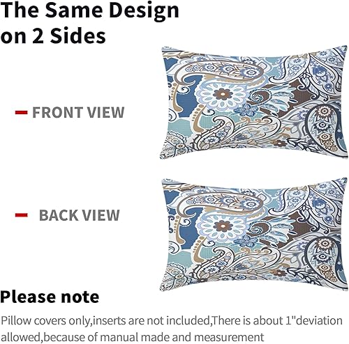 Miniatura 4 de Juego de 2 fundas de almohada lumbares con patrón de cachemira de 12 x 20 pulgadas, color azul y marrón crema, fundas de almohada decorativas de