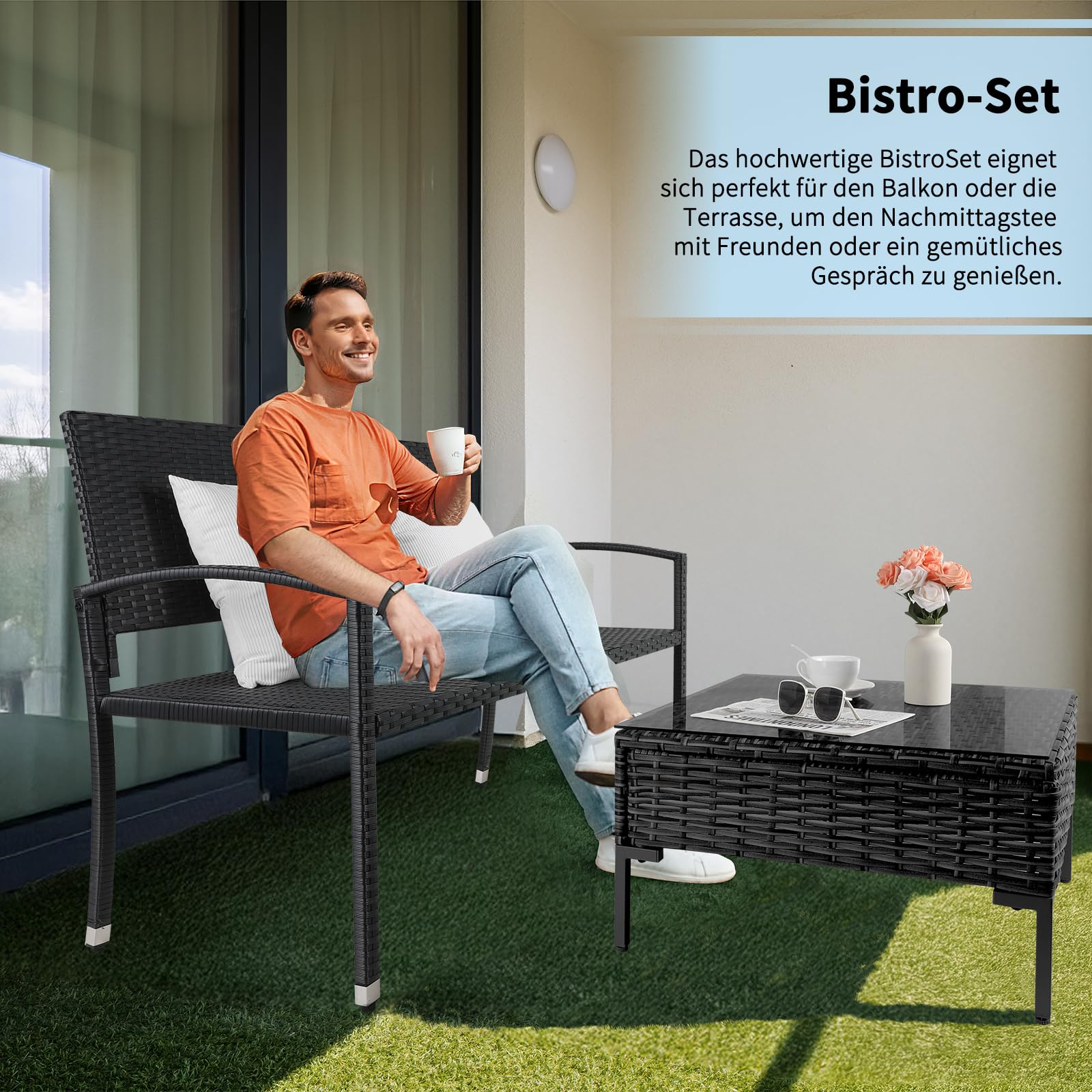 LIFERUN Gartenbank Rattan, Polyrattan Sitzbank Wetterfest, 2 Sitzer Balkon Bank, 320kg Belastbar, 122x60x85cm, Gemütliche Gartenmöbel Bank, Parkbank, Einseitiges Rattan, Sitzbank Outdoor, Schwarz
