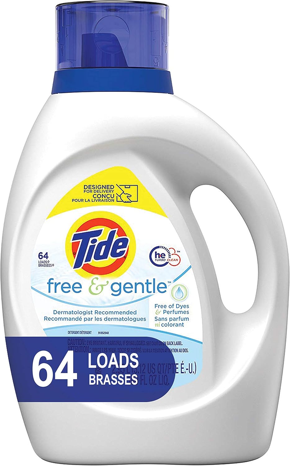 Tide Free and Gentle Liquid Laundry Detergent, 100 oz., Unscented and Hypoallergenic for Sensitive Skin, 64 Loads