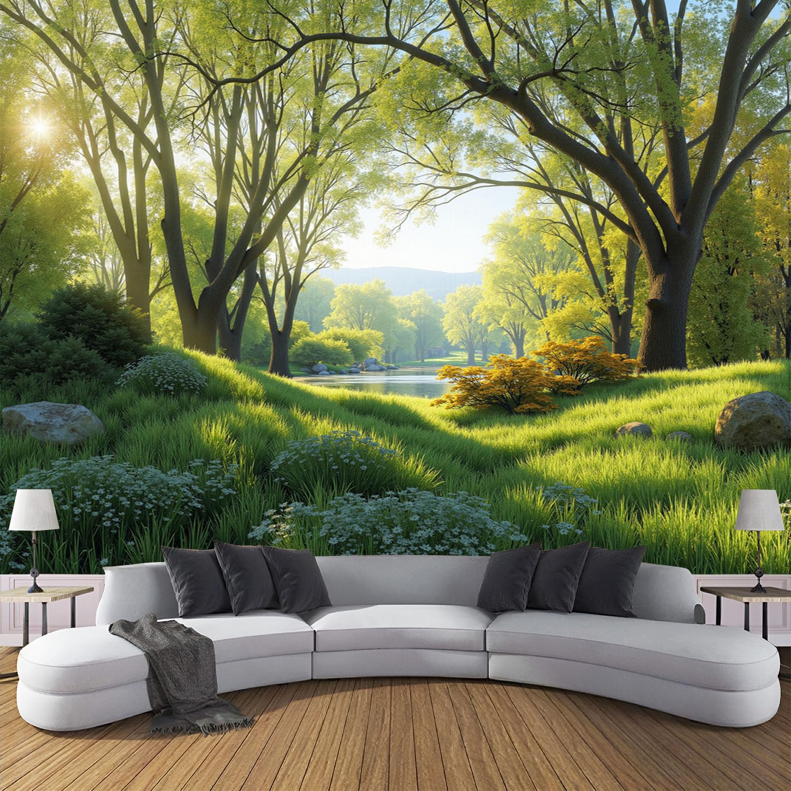 Carta da Parati Panoramica Primavera Prato Boschi Piante Foto Wallpaper Poster Gigante Design 300×210cm Murale Decor della Parete Soggiorno Camera da Letto Carta da Parati