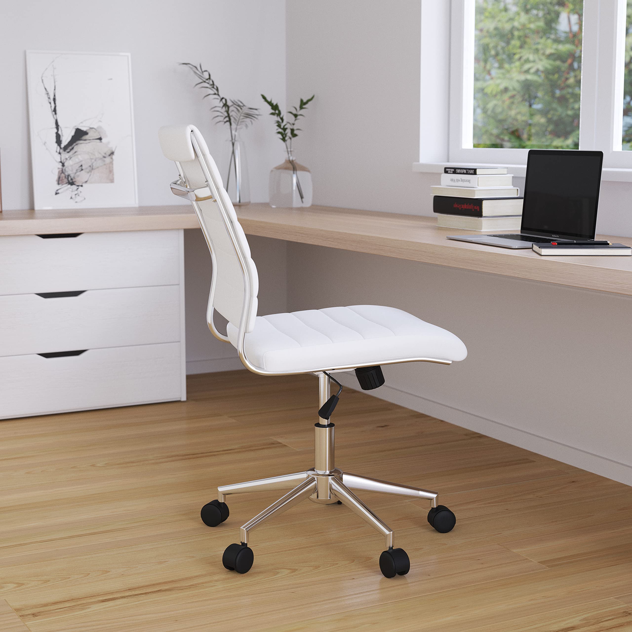 Merrick Lane Corrina Ergonomic Office Chair - Contemporary Executive Armless Computer Desk Chair - Ribbed Mid-Back and Seat - White Faux Leather