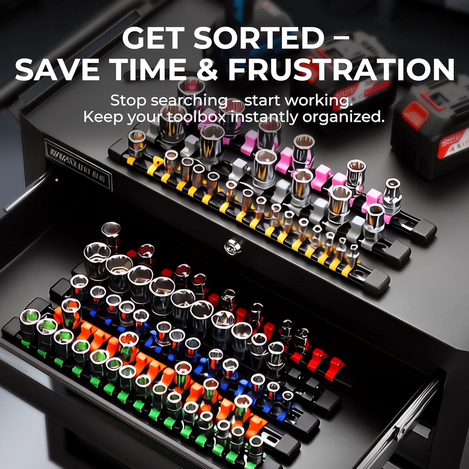 Reniteco 18-Piece Socket Organizer Set - 1/4-Inch x 96 Clips, 3/8-Inch x 90 Clips, 1/2-Inch x 72 Clips, Heavy Duty ABS Socket Holder, Premium Quality Socket Clip Rail Holder for Tool Box Drawer