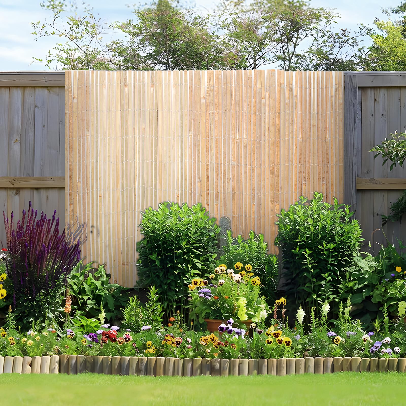 VEVOR Valla de Láminas de Bambú Natural 4,8 x 1,8 m Pantalla de Privacidad Rollo Protector Decorativo de Bambú para Ocultación en Jardín, Patio Trasero, Balcón, Junto a la Piscina, Madera Natural